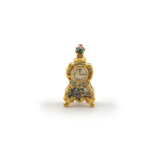 Very Rare Le Chateau Interiors French Porcelain Mantel Clock with Hand Painted Scenes