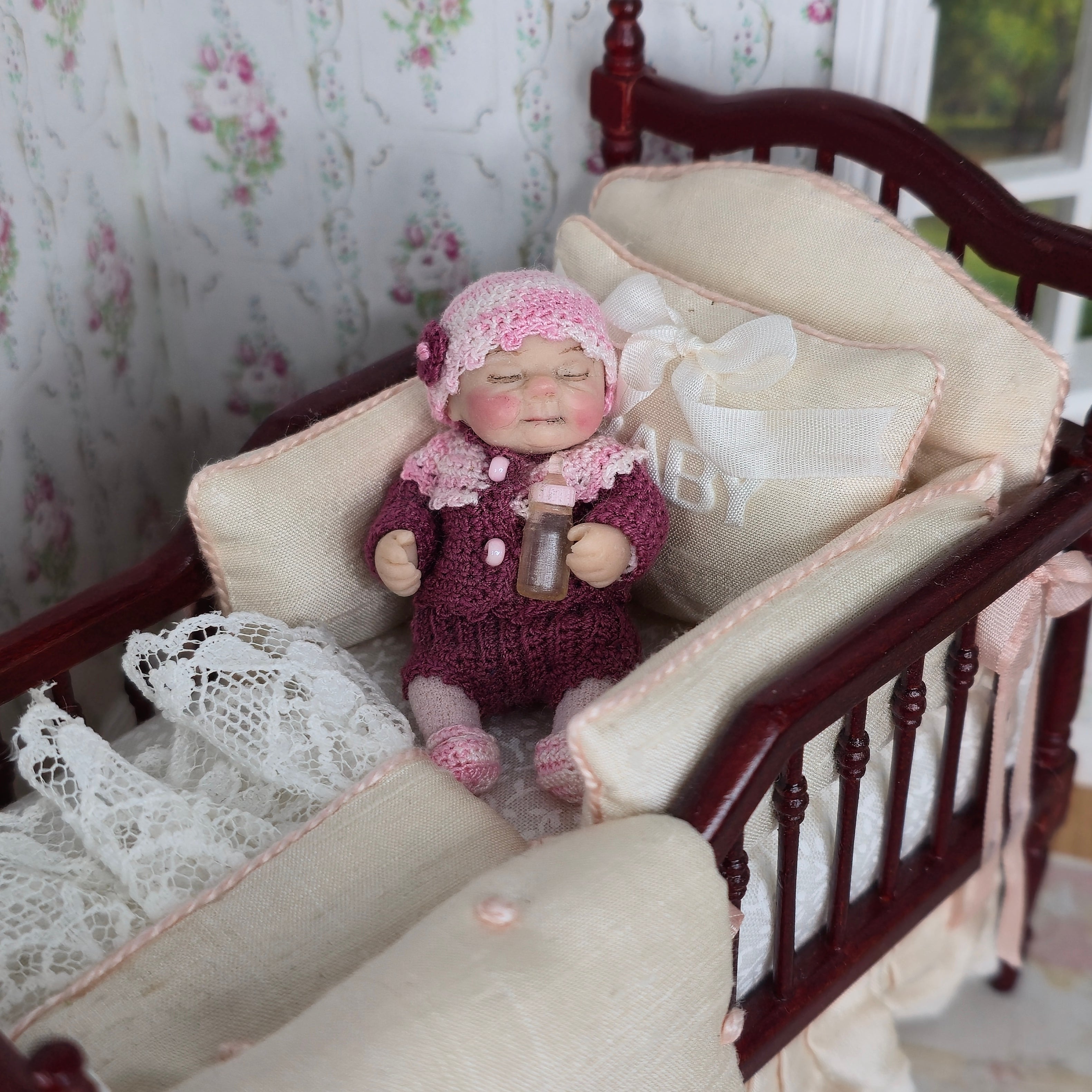 Tiny Catherine Muniere Infant Baby Girl Clay Doll w Bottle, Bassinet, Hand Knit Clothes