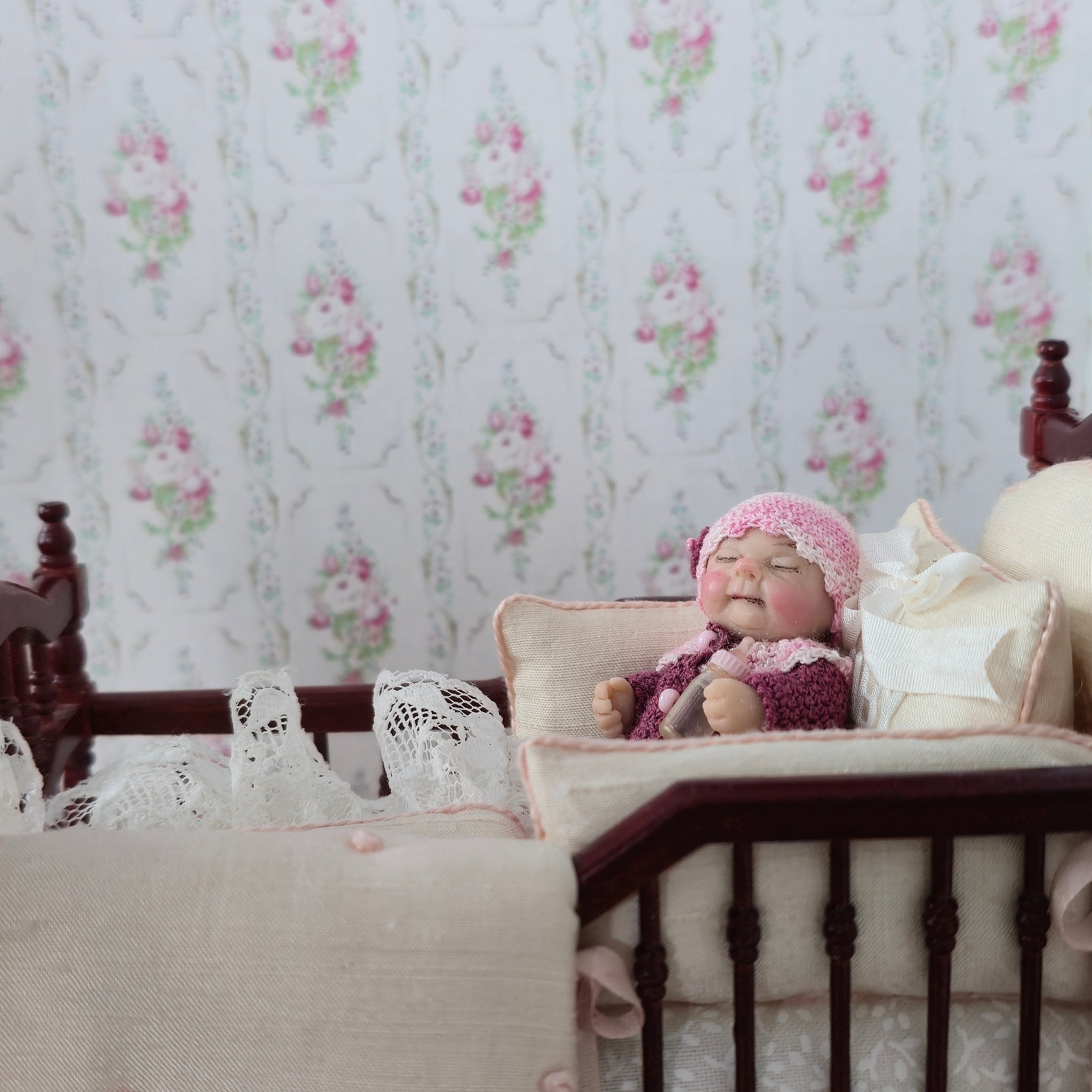 Tiny Catherine Muniere Infant Baby Girl Clay Doll w Bottle, Bassinet, Hand Knit Clothes