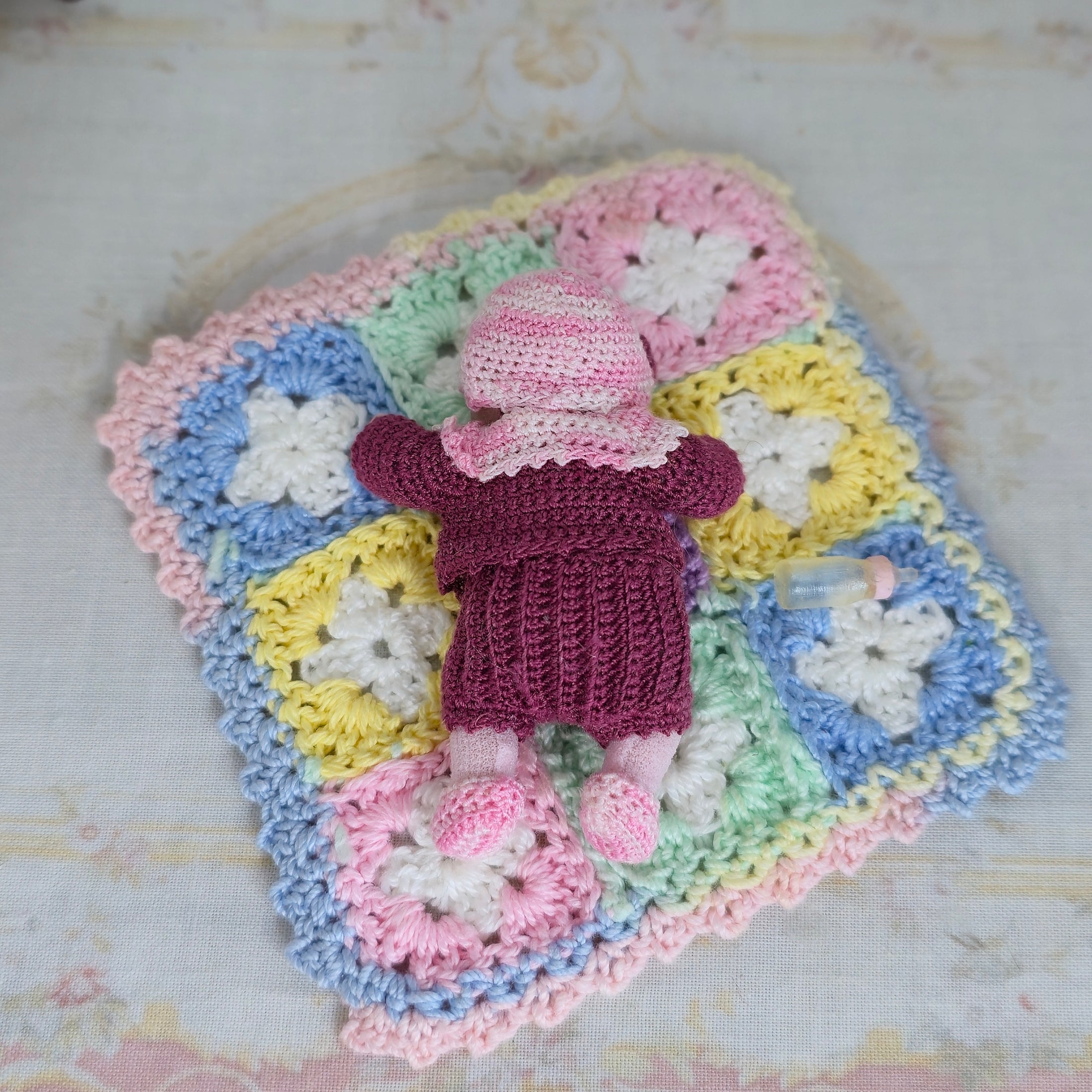 Tiny Catherine Muniere Infant Baby Girl Clay Doll w Bottle, Bassinet, Hand Knit Clothes