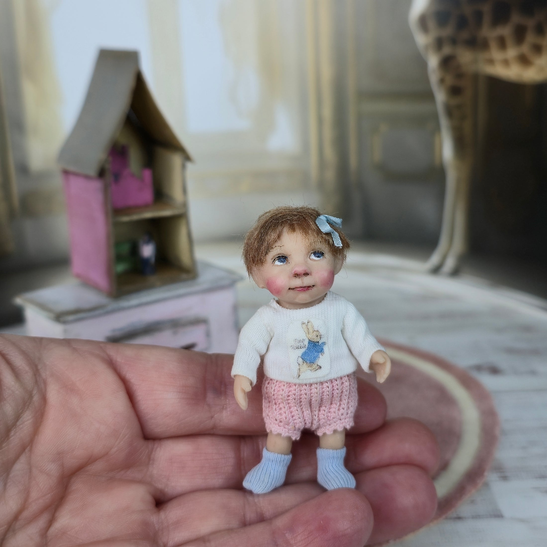 Cute Catherine Muniere Toddler Girl Clay Dollhouse Doll w Peter Rabbit Shirt 1:12