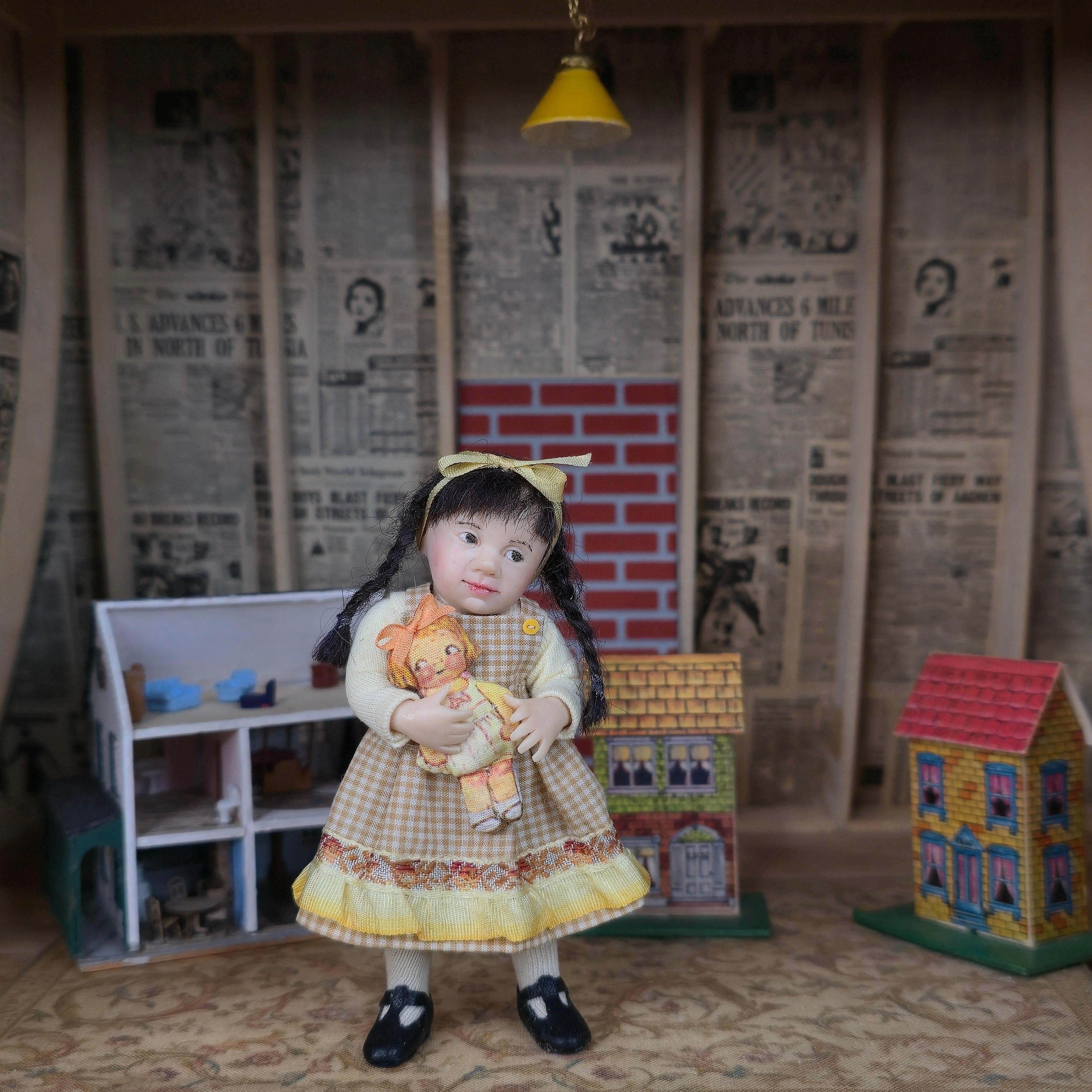 Catherine Muniere IGMA Little Girl Doll in Yellow with Cloth Toy Doll Companion