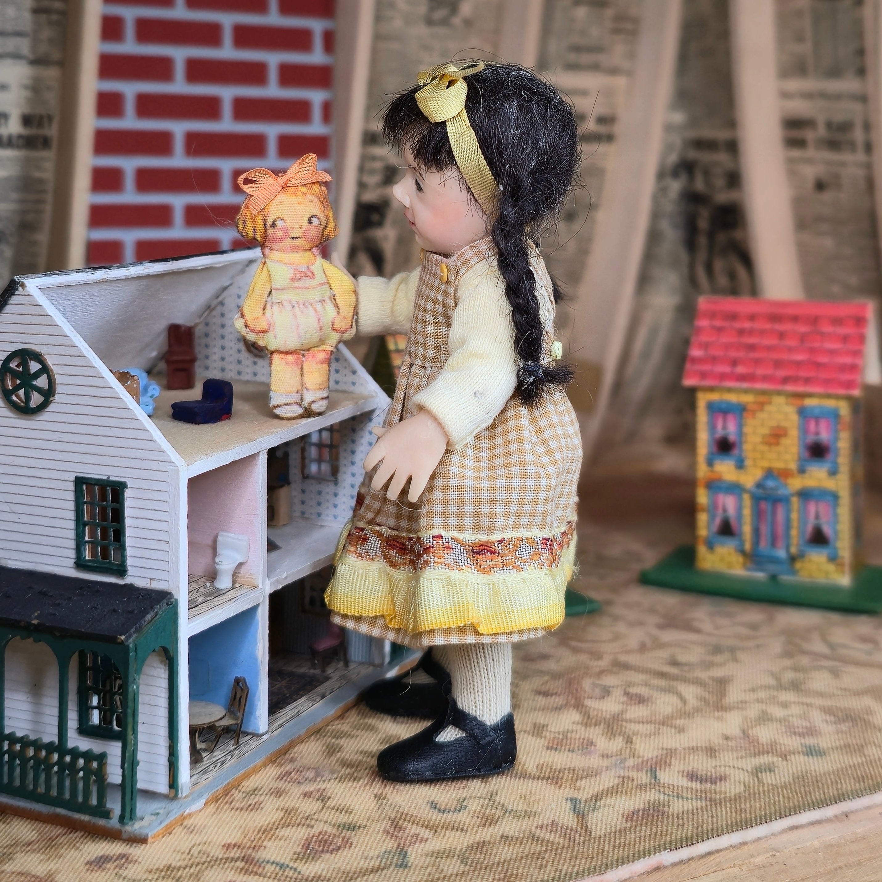 Catherine Muniere IGMA Little Girl Doll in Yellow with Cloth Toy Doll Companion