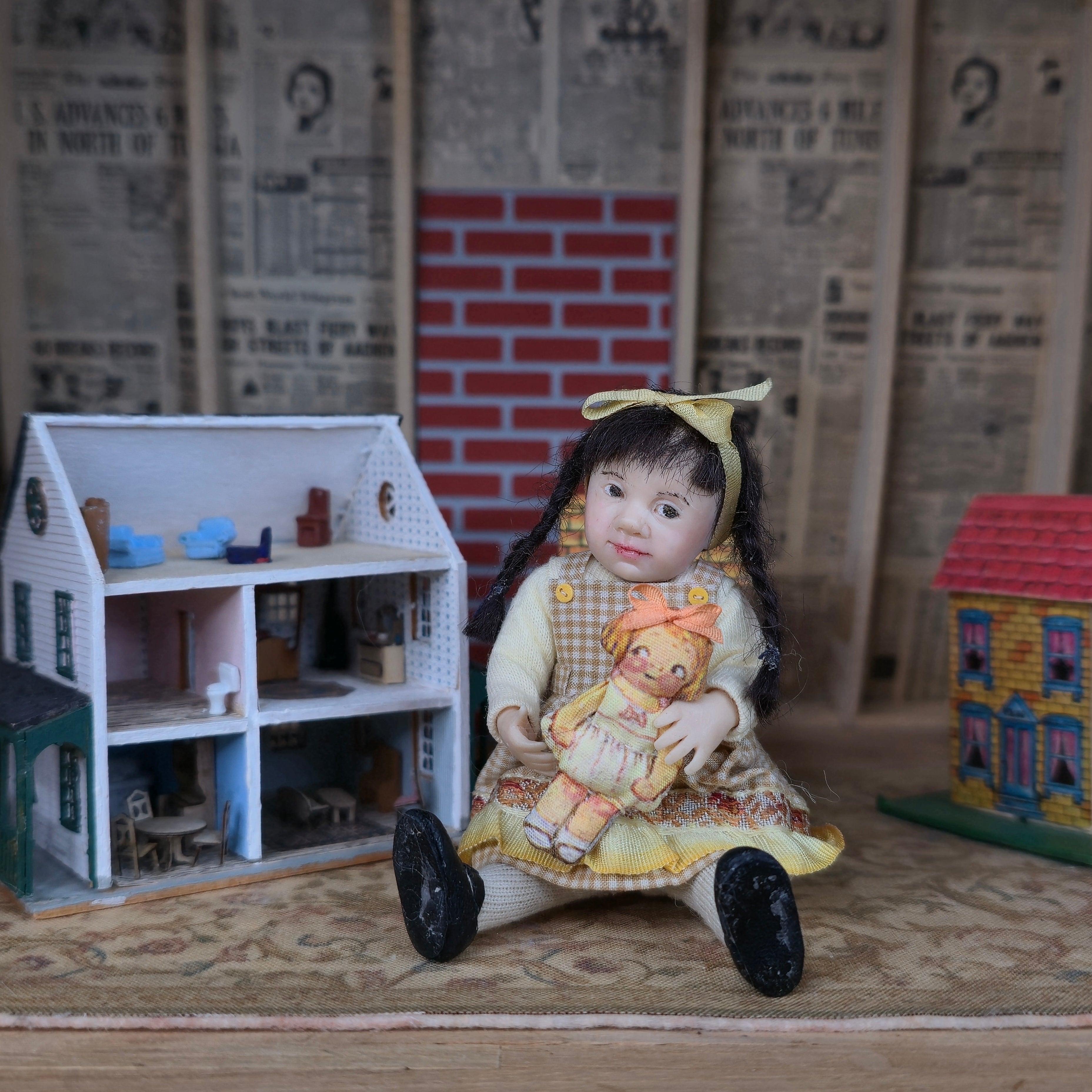 Catherine Muniere IGMA Little Girl Doll in Yellow with Cloth Toy Doll Companion