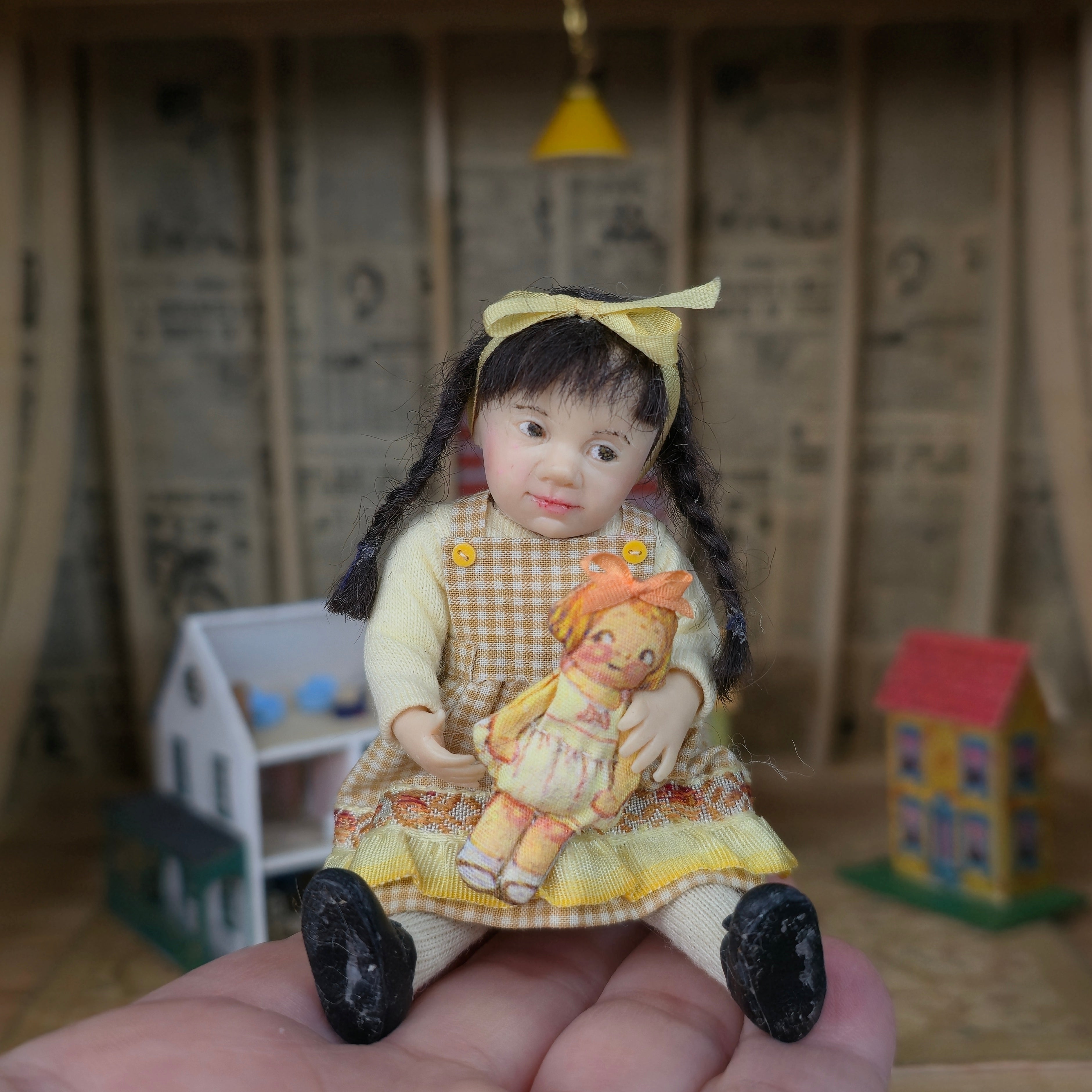 Catherine Muniere IGMA Little Girl Doll in Yellow with Cloth Toy Doll Companion