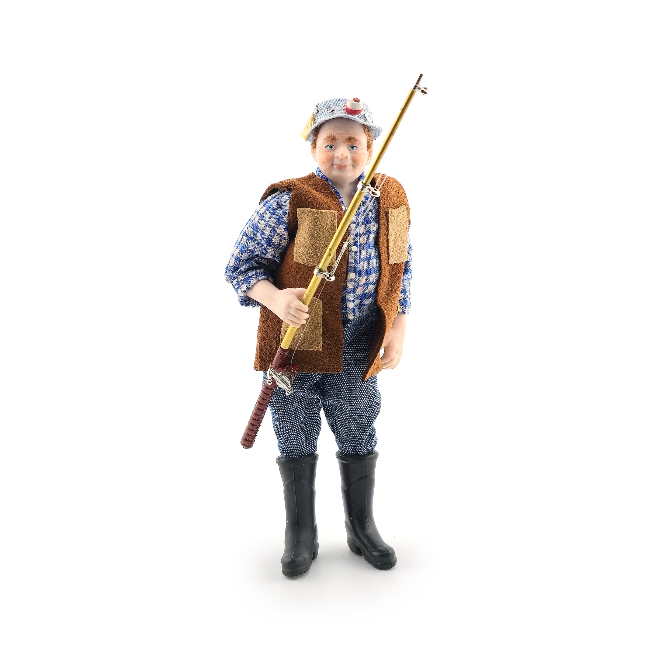 Artisan Porcelain Fisherman Dad Middle-Aged Doll w Fishing Pole Contemporary Character