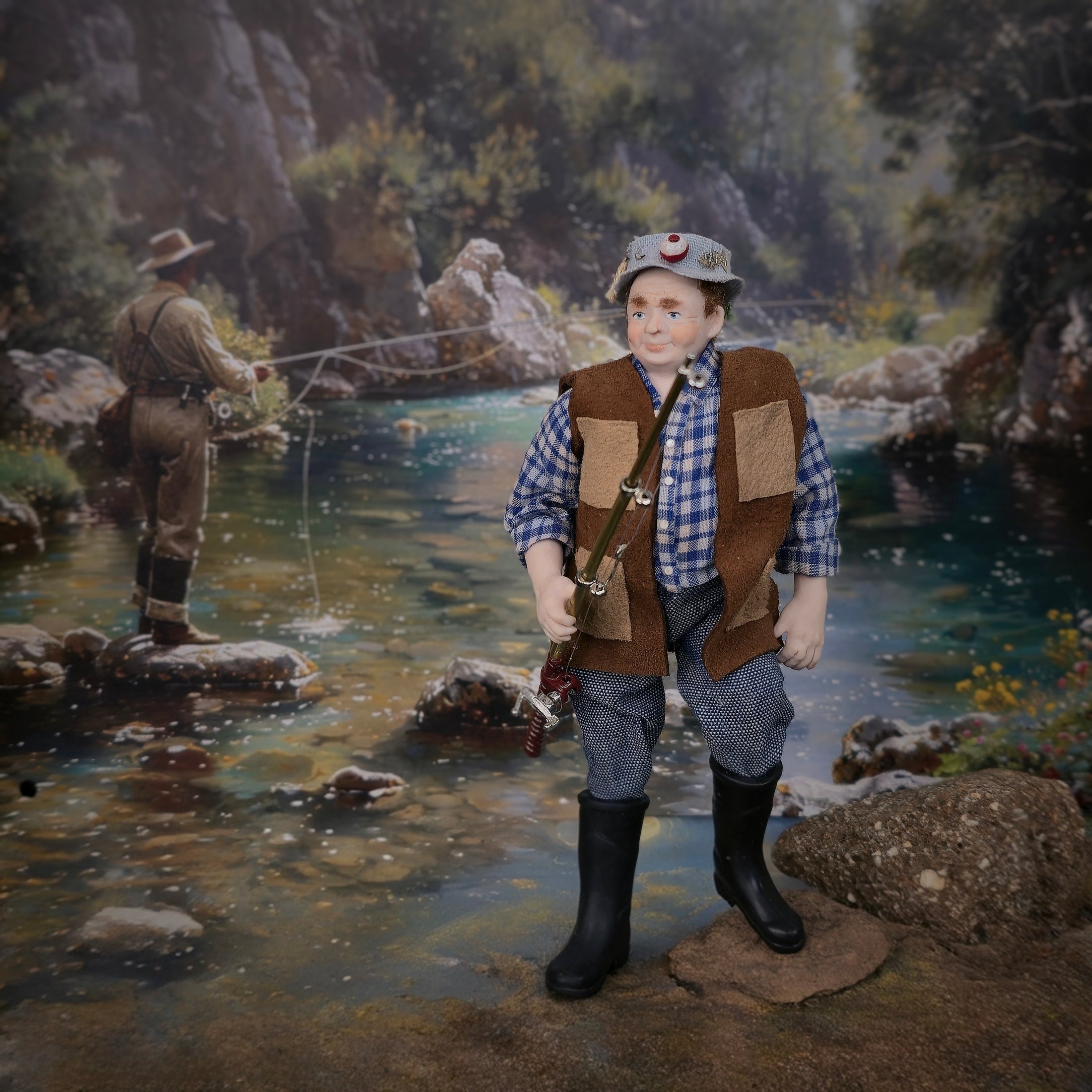 Artisan Porcelain Fisherman Dad Middle-Aged Doll w Fishing Pole Contemporary Character