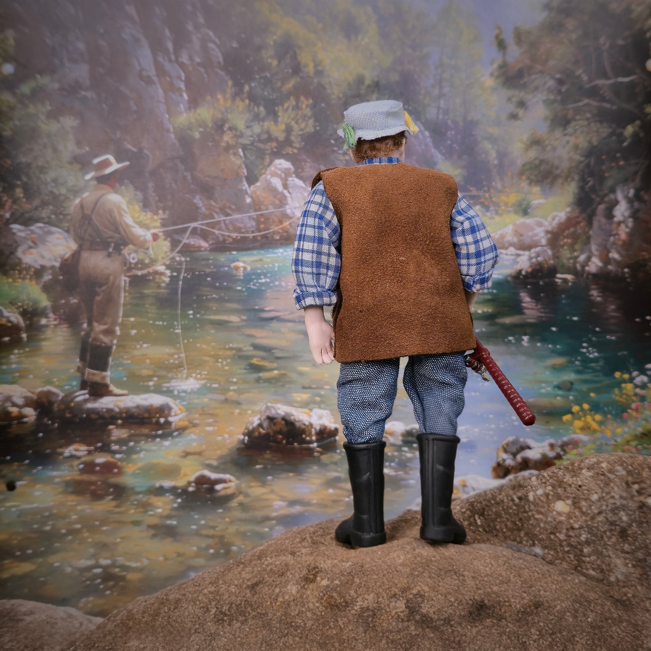 Artisan Porcelain Fisherman Dad Middle-Aged Doll w Fishing Pole Contemporary Character