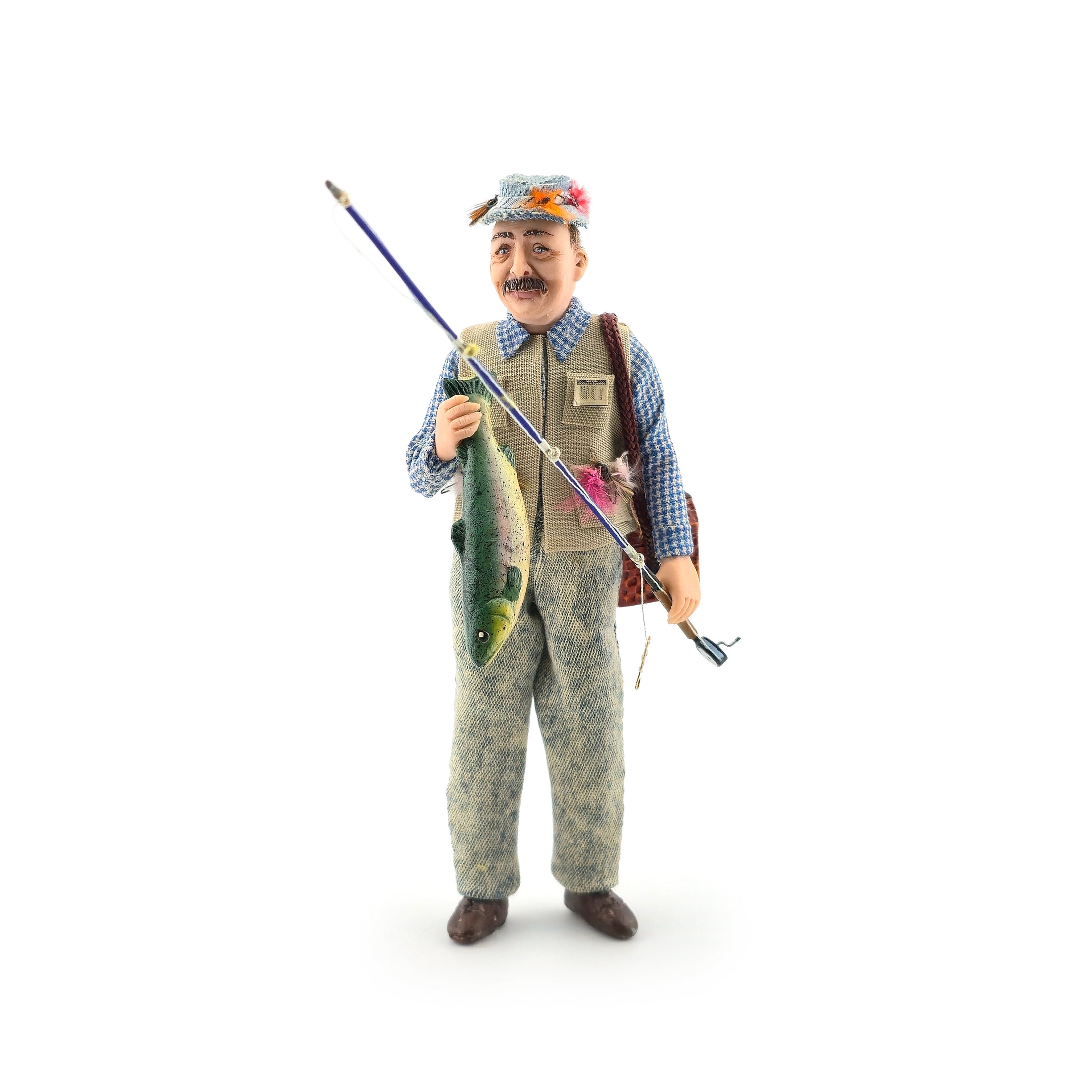 Twin Minis Fisherman Character Dollhouse Doll Man with Catch Sculpted Clay