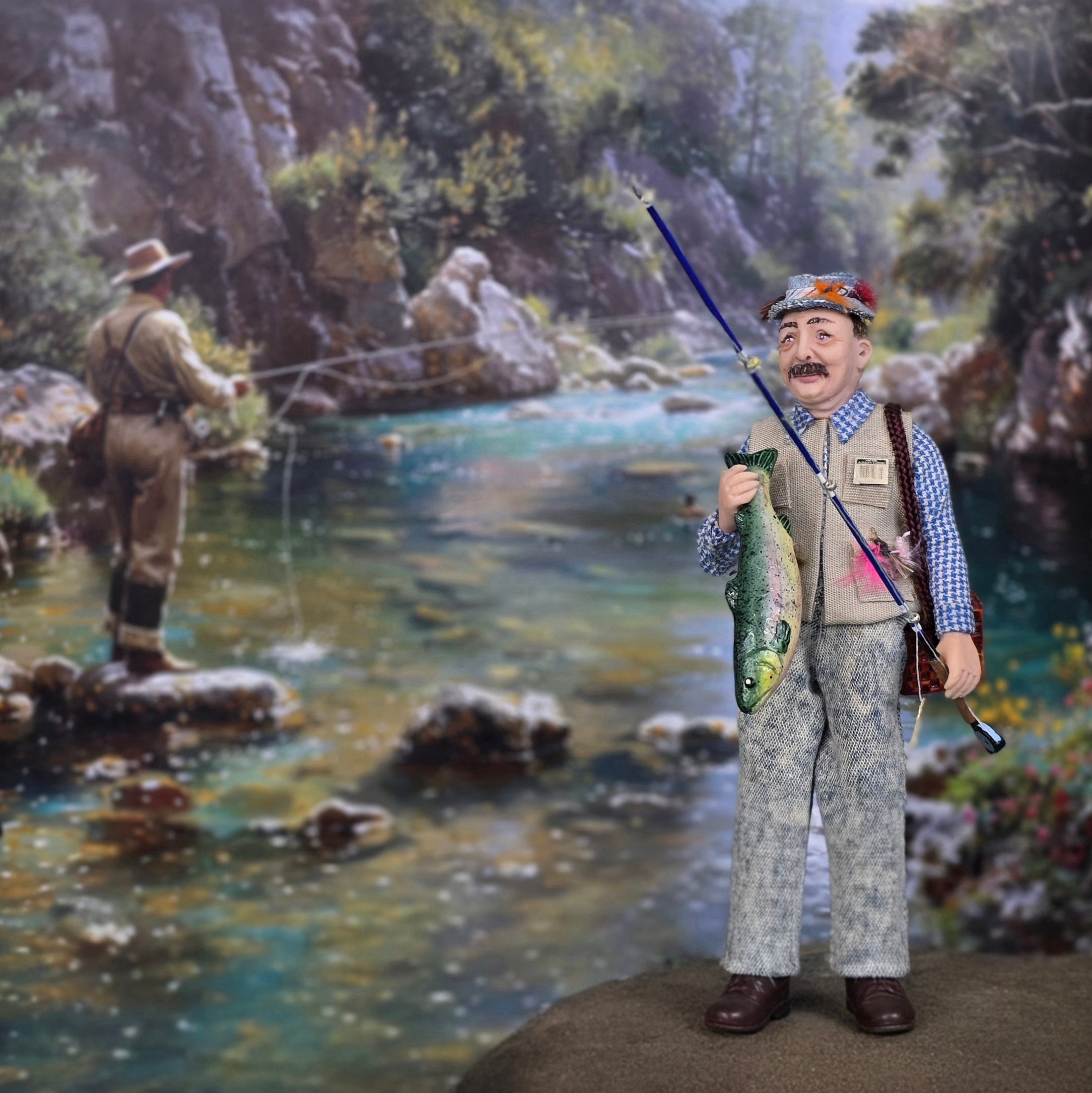 Twin Minis Fisherman Character Dollhouse Doll Man with Catch Sculpted Clay