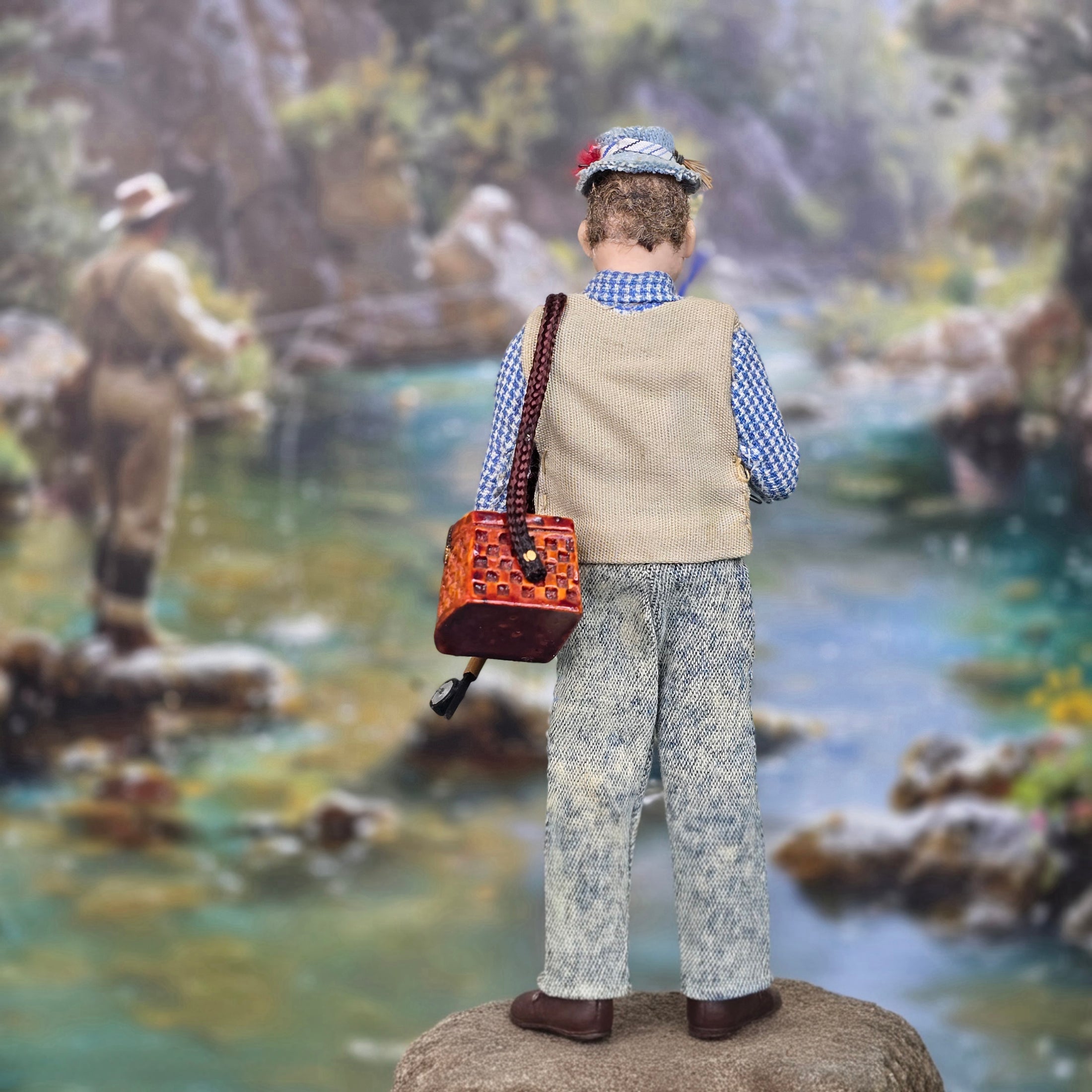 Twin Minis Fisherman Character Dollhouse Doll Man with Catch Sculpted Clay