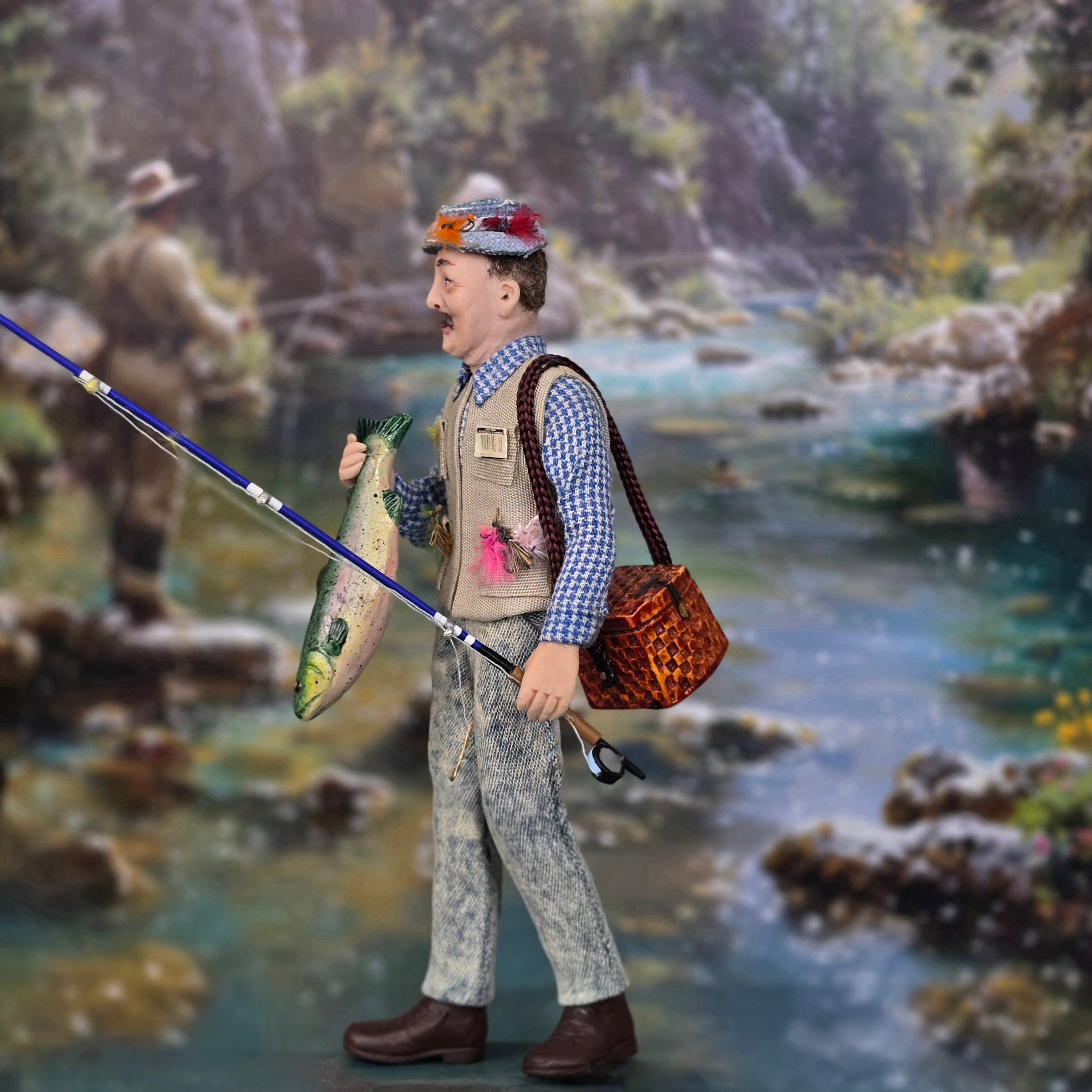 Twin Minis Fisherman Character Dollhouse Doll Man with Catch Sculpted Clay