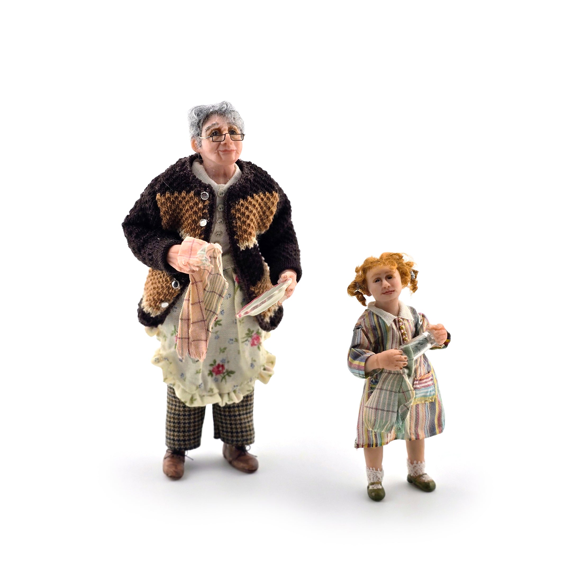 Grandmother & Granddaughter Dish Drying OOAK Clay Character Dollhouse Dolls Pair