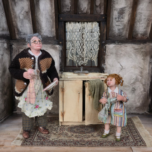 Grandmother & Granddaughter Dish Drying OOAK Clay Character Dollhouse Dolls Pair