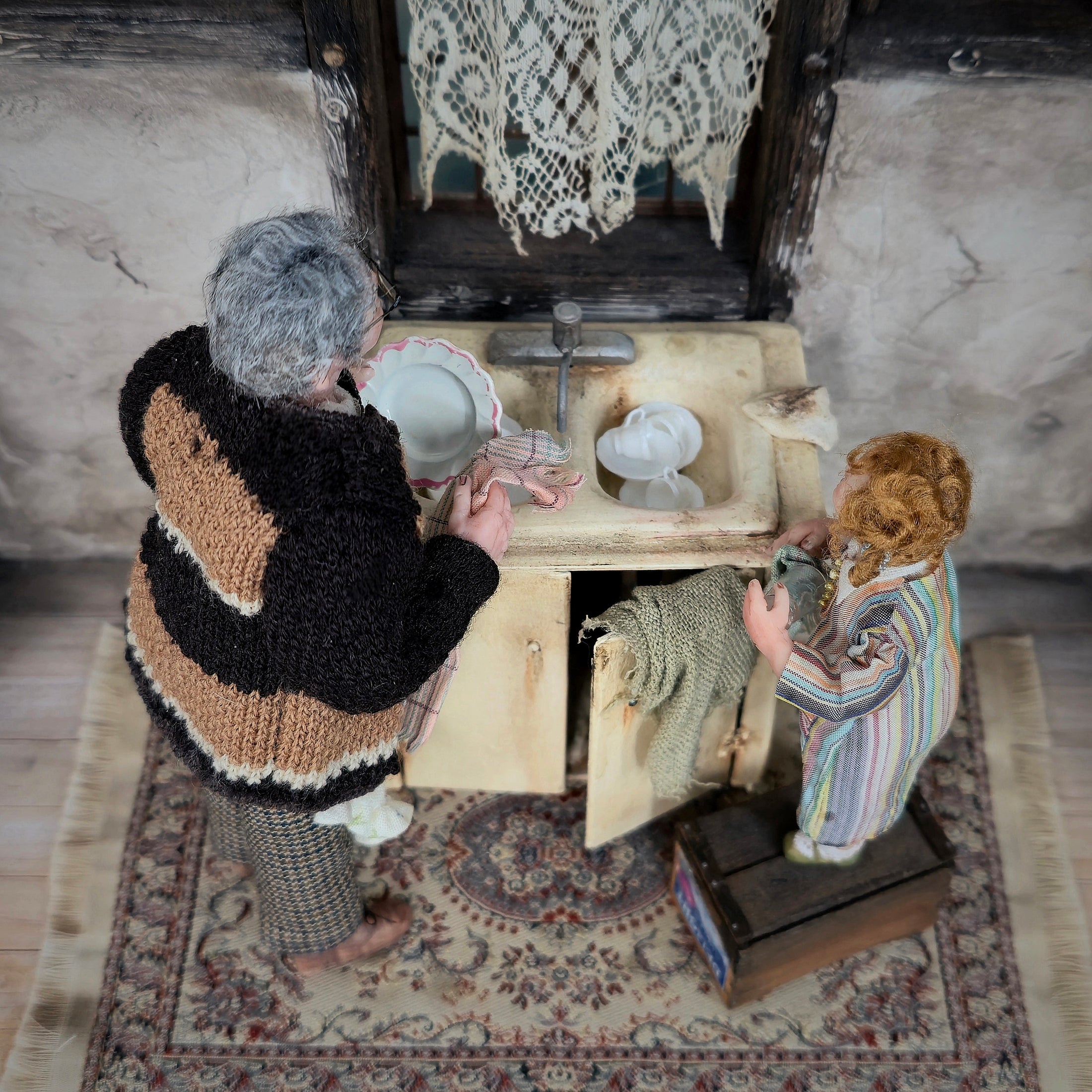 Grandmother & Granddaughter Dish Drying OOAK Clay Character Dollhouse Dolls Pair