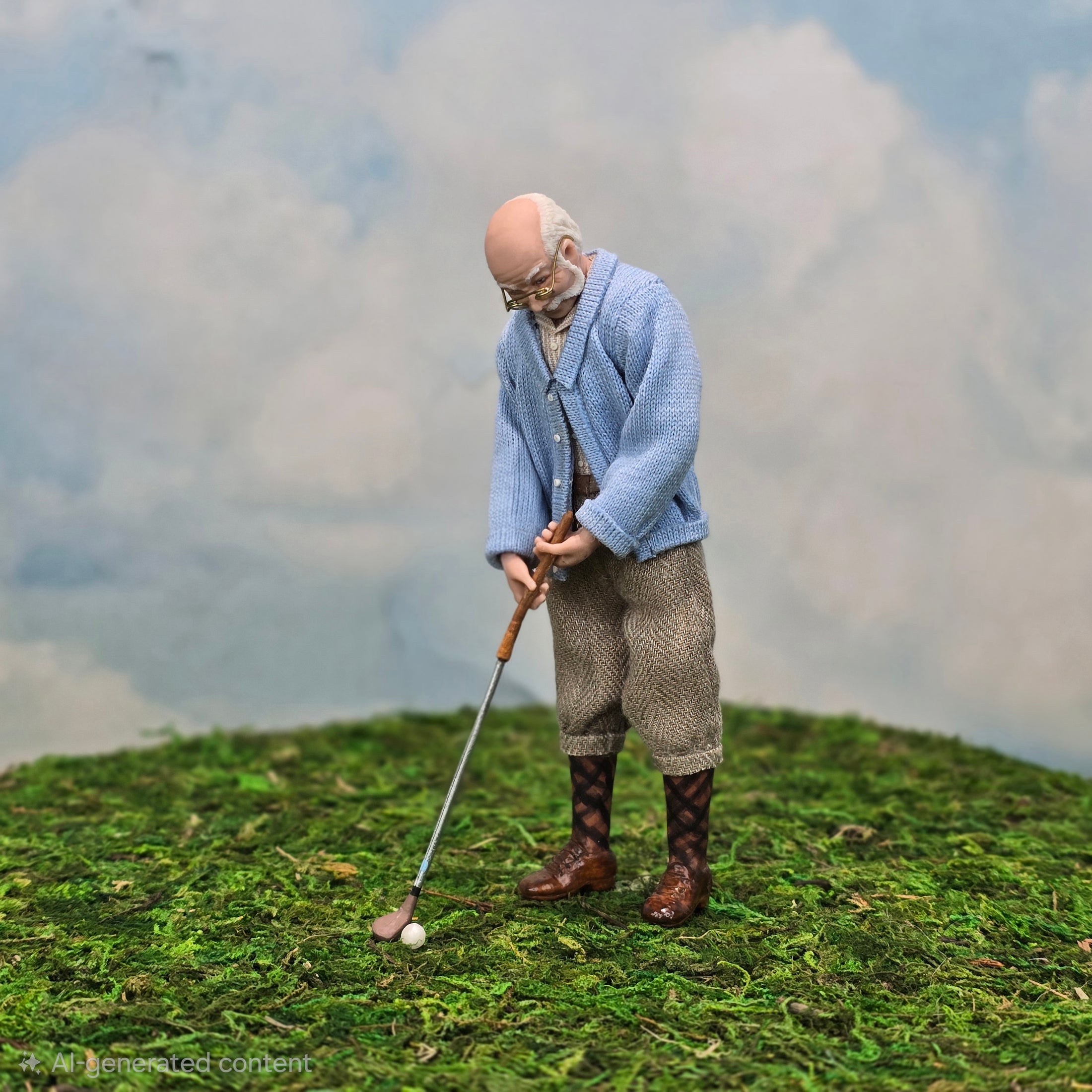 Older Golfing Gentleman OOAK Grandpa Clay Character Doll with Golf Club