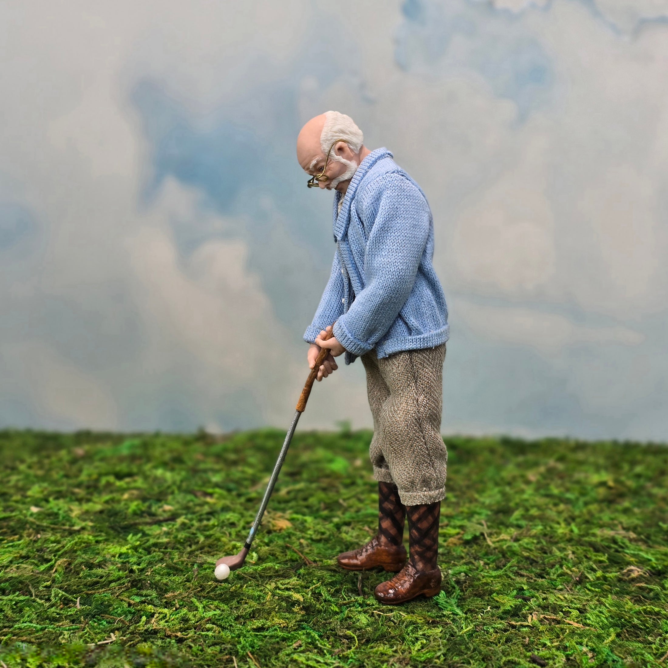 Older Golfing Gentleman OOAK Grandpa Clay Character Doll with Golf Club