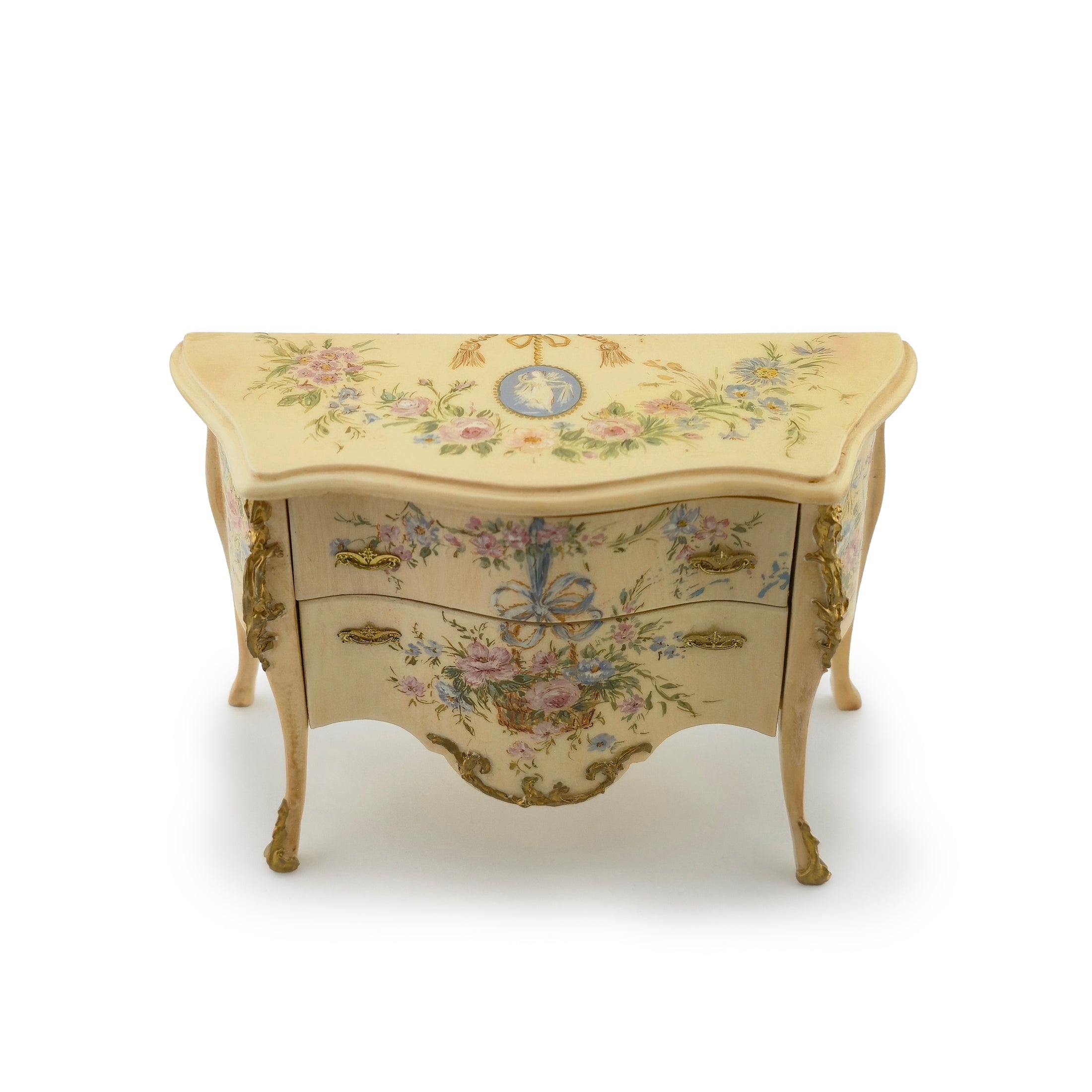 RESERVED IRENE ONLY Renee Isabelle Hand-Painted Rococo Bombe Commode Chest of Drawers with Floral Cameo