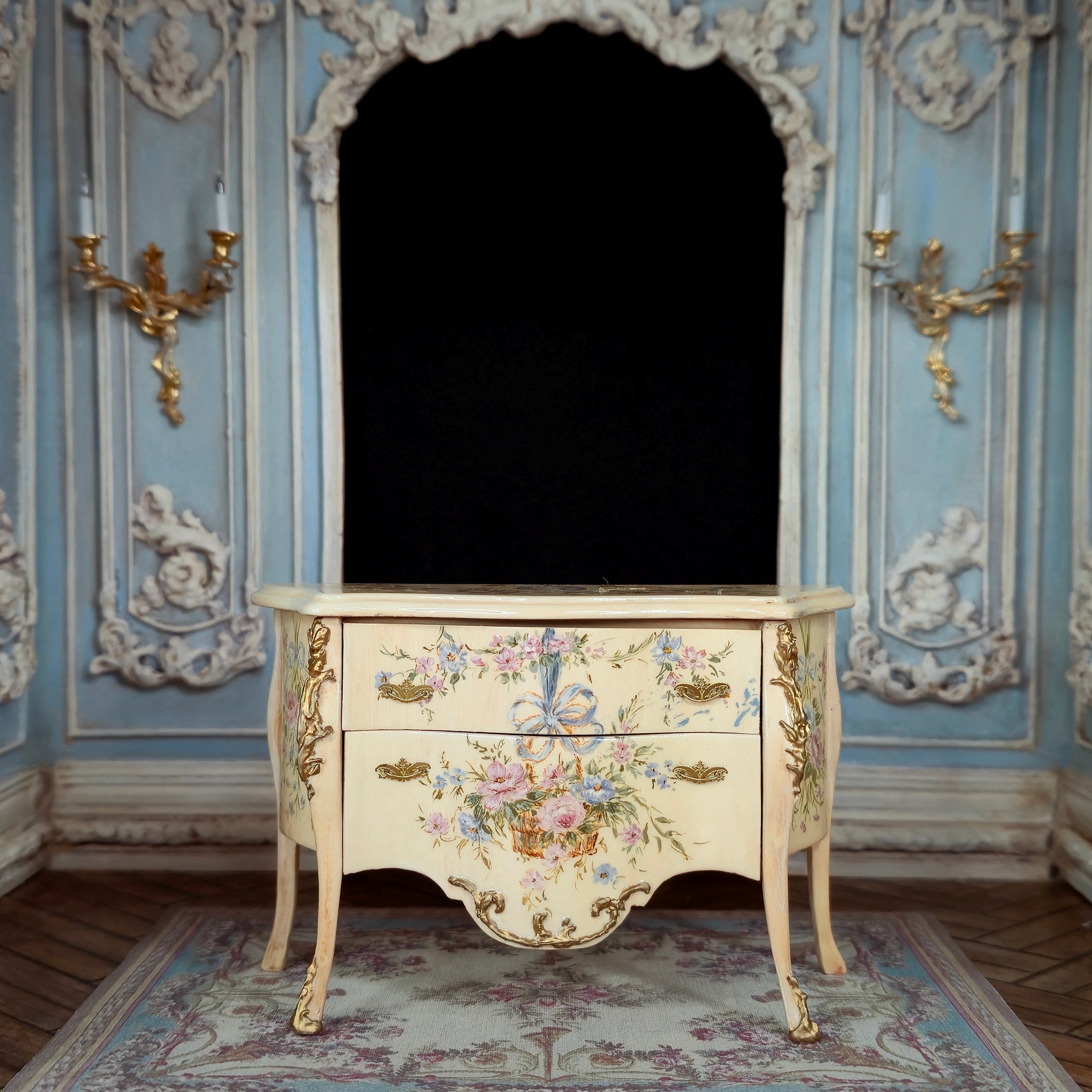 RESERVED IRENE ONLY Renee Isabelle Hand-Painted Rococo Bombe Commode Chest of Drawers with Floral Cameo