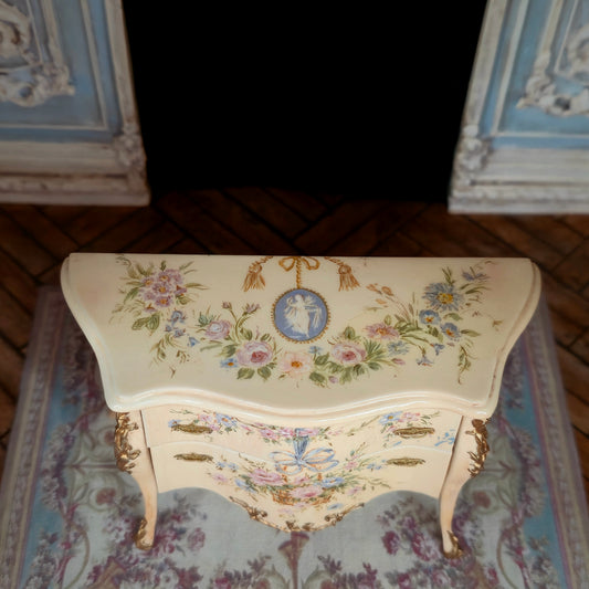 Renee Isabelle Hand-Painted Rococo Bombe Commode Chest of Drawers with Floral Cameo