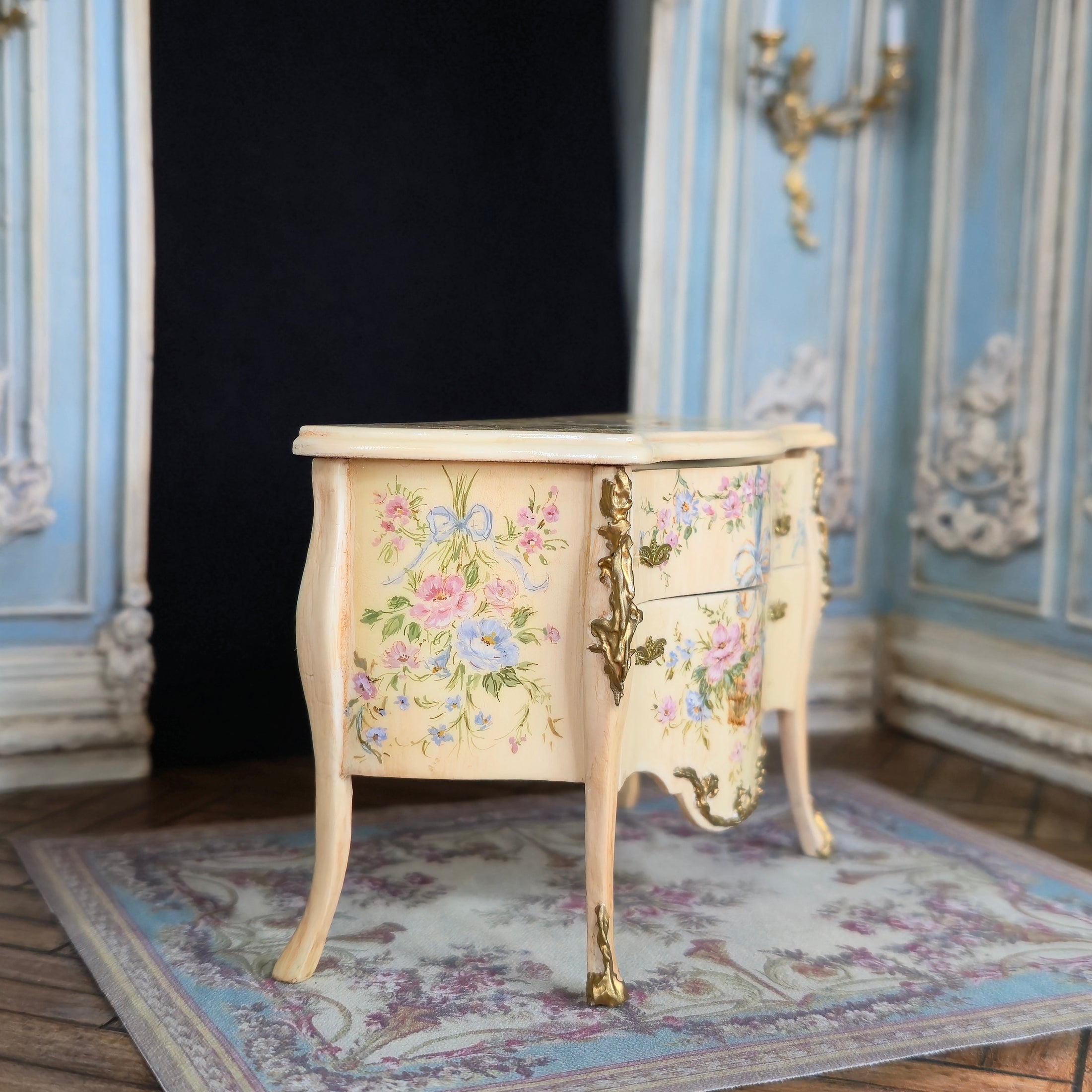 RESERVED IRENE ONLY Renee Isabelle Hand-Painted Rococo Bombe Commode Chest of Drawers with Floral Cameo