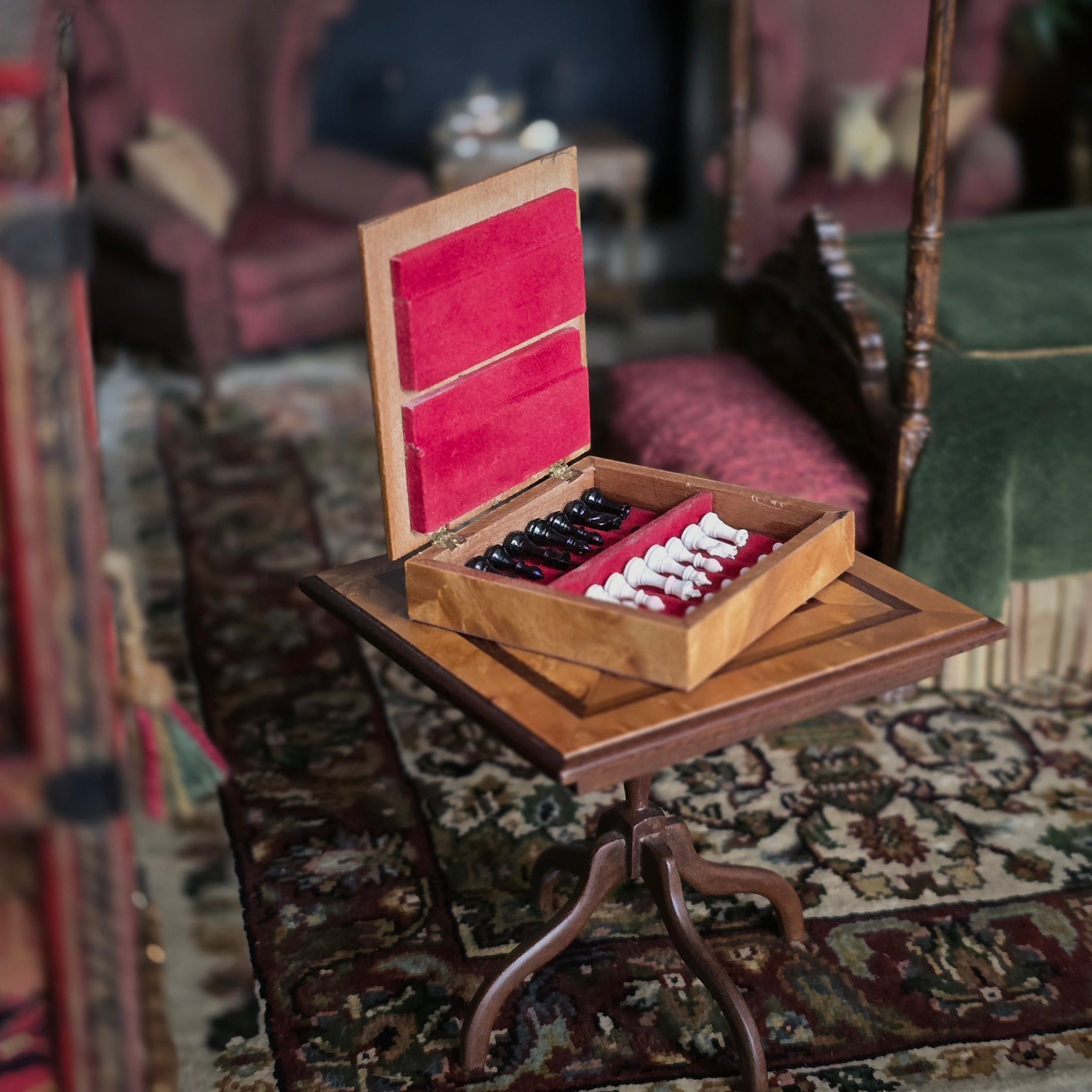 RESERVED FOR RICK Wood Miniature Chess Set & Game Table by Gideon Wolf