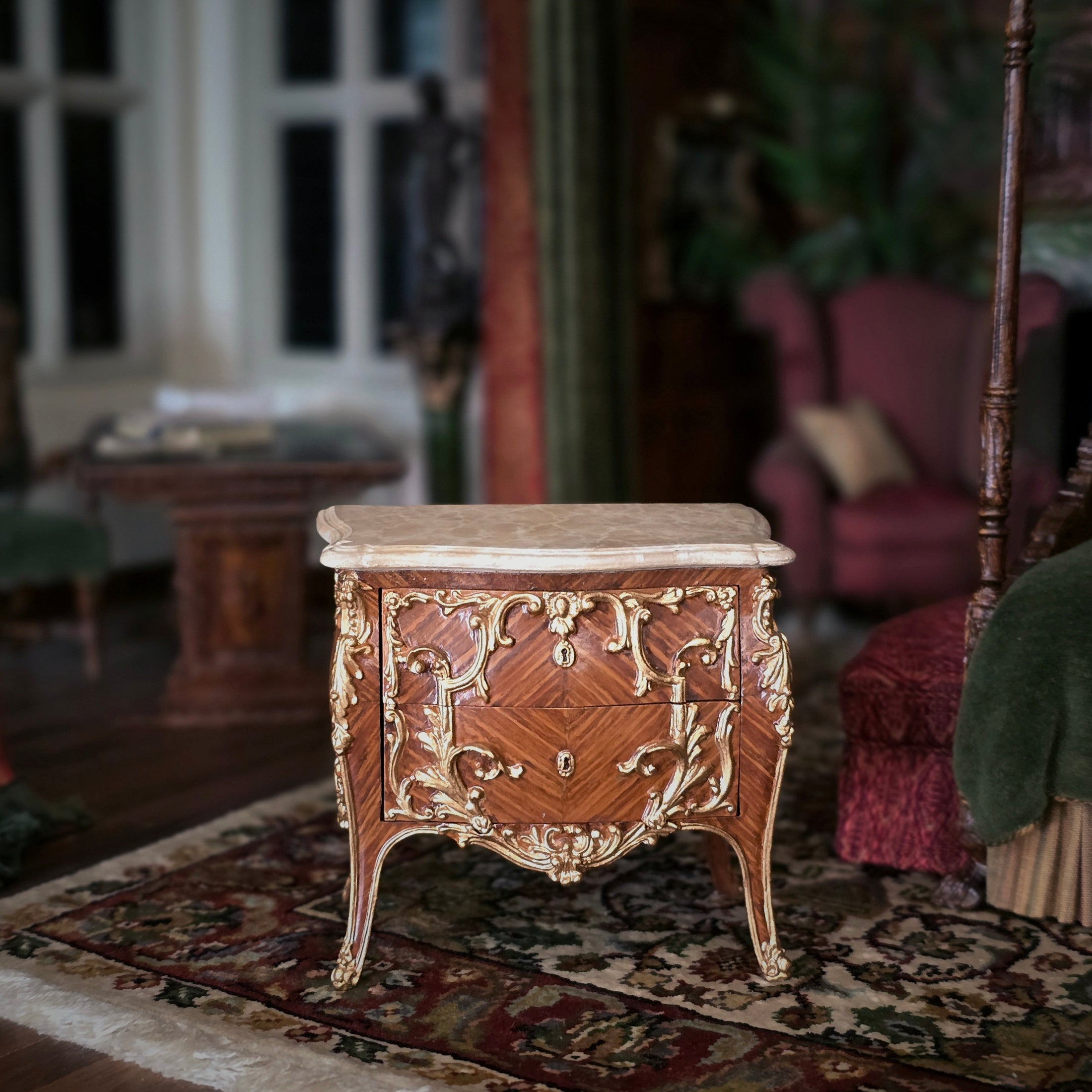RESERVED FOR RICK Marquetry Louis XV Commode Table Marble Top Rococo
