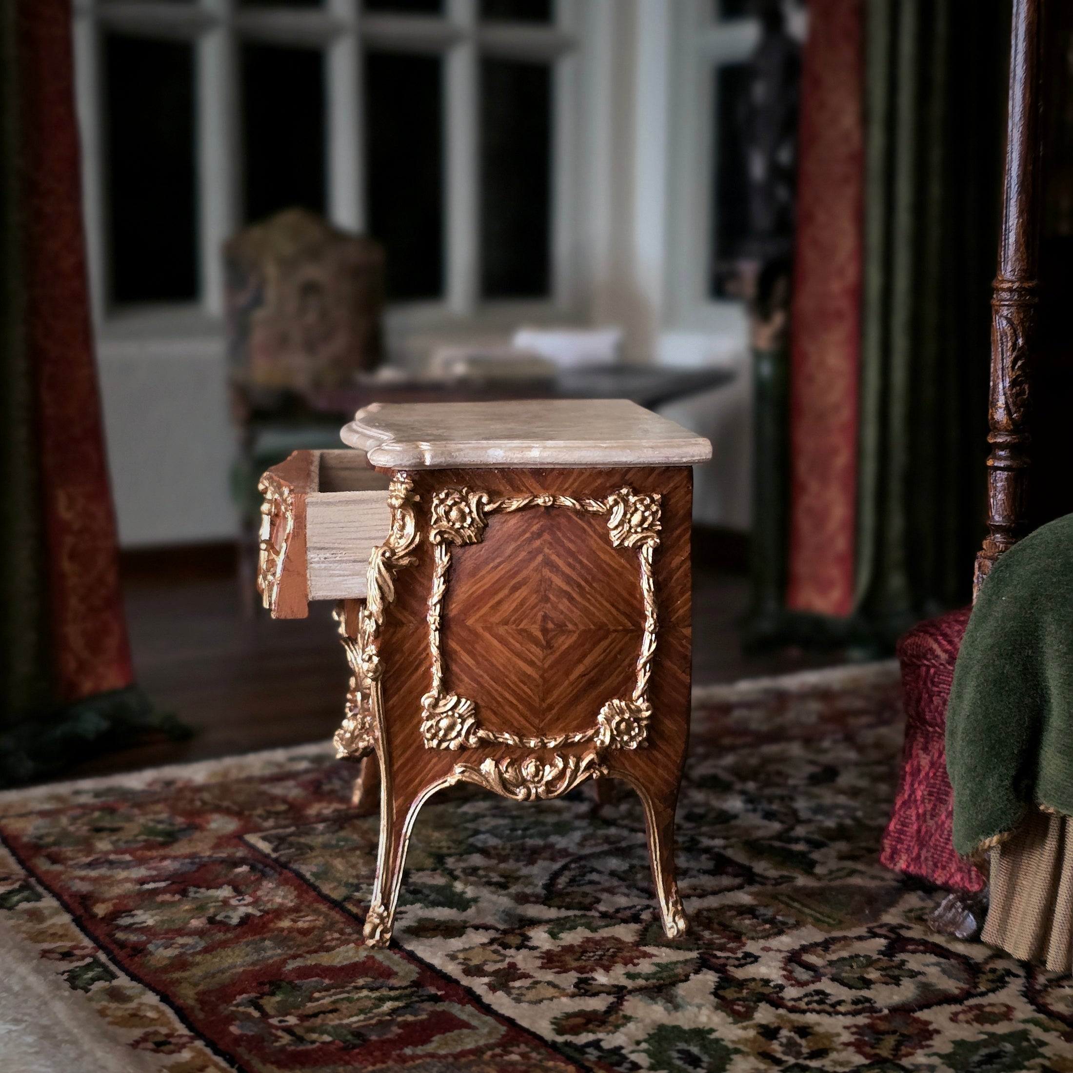 RESERVED FOR RICK Marquetry Louis XV Commode Table Marble Top Rococo