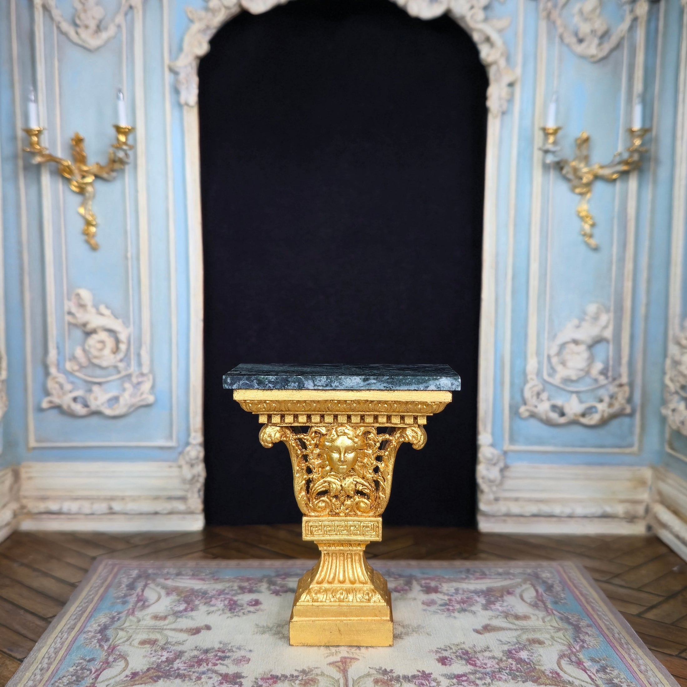 Italian Rococo William Kent Style Console Heavy Gold Plated Metal Table w Faux Marble