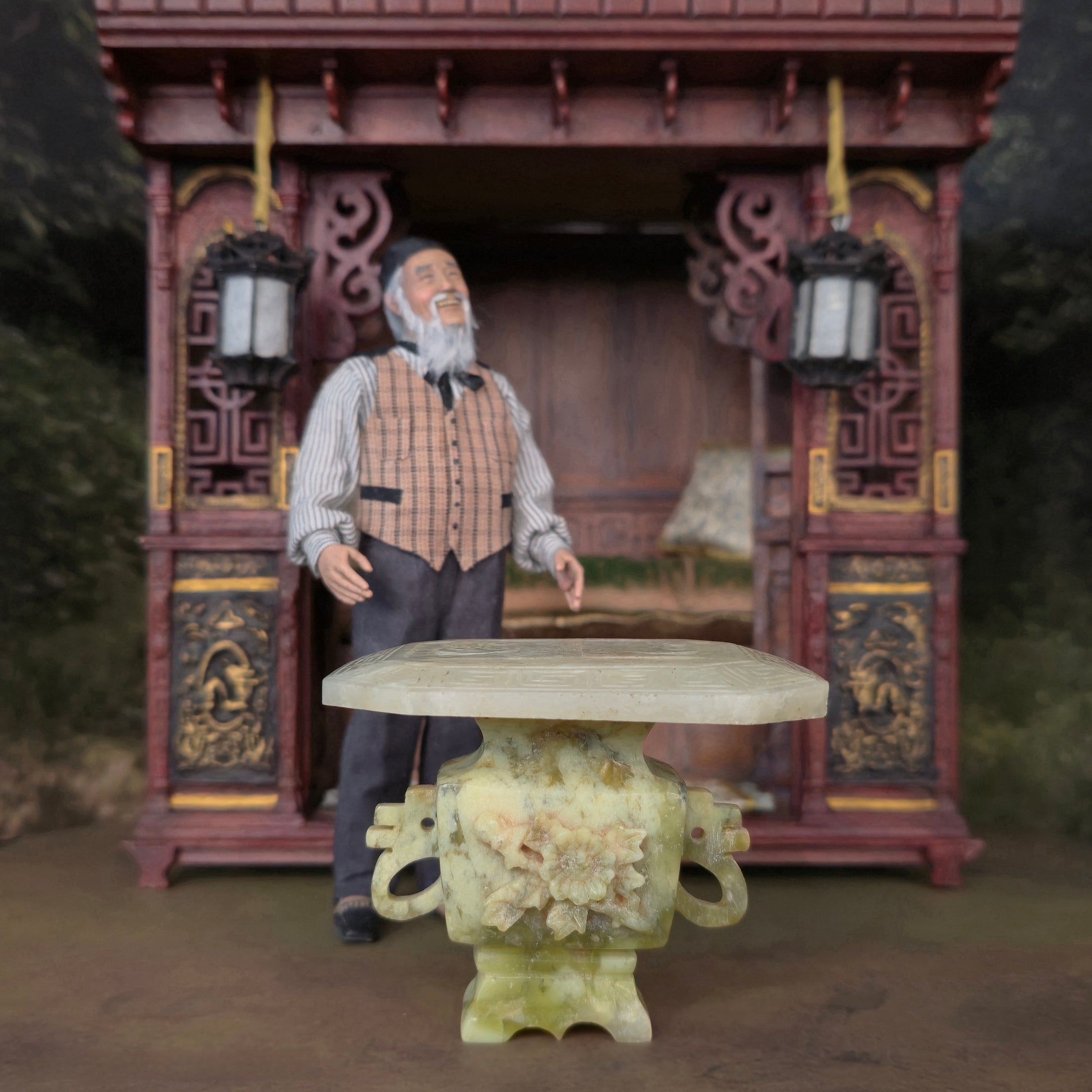 Very Old Hand Carved Chinese Jade Table Miniature OOAK Asian Oriental
