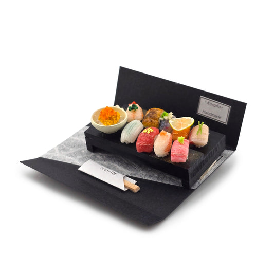Miniature Artisan Nigiri Sushi Display With Chopsticks on Riser by Koruha Japan
