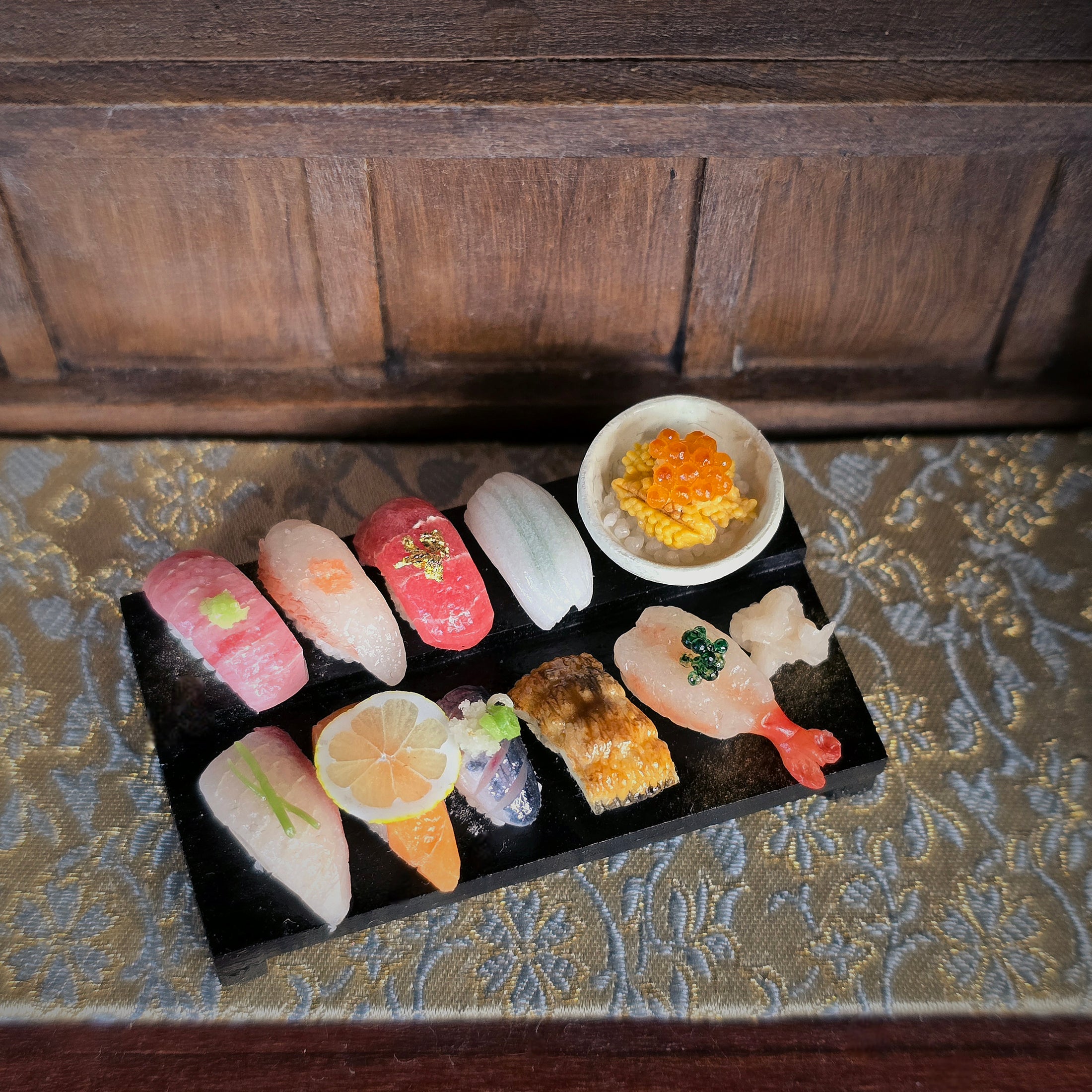 Miniature Artisan Nigiri Sushi Display With Chopsticks on Riser by Koruha Japan