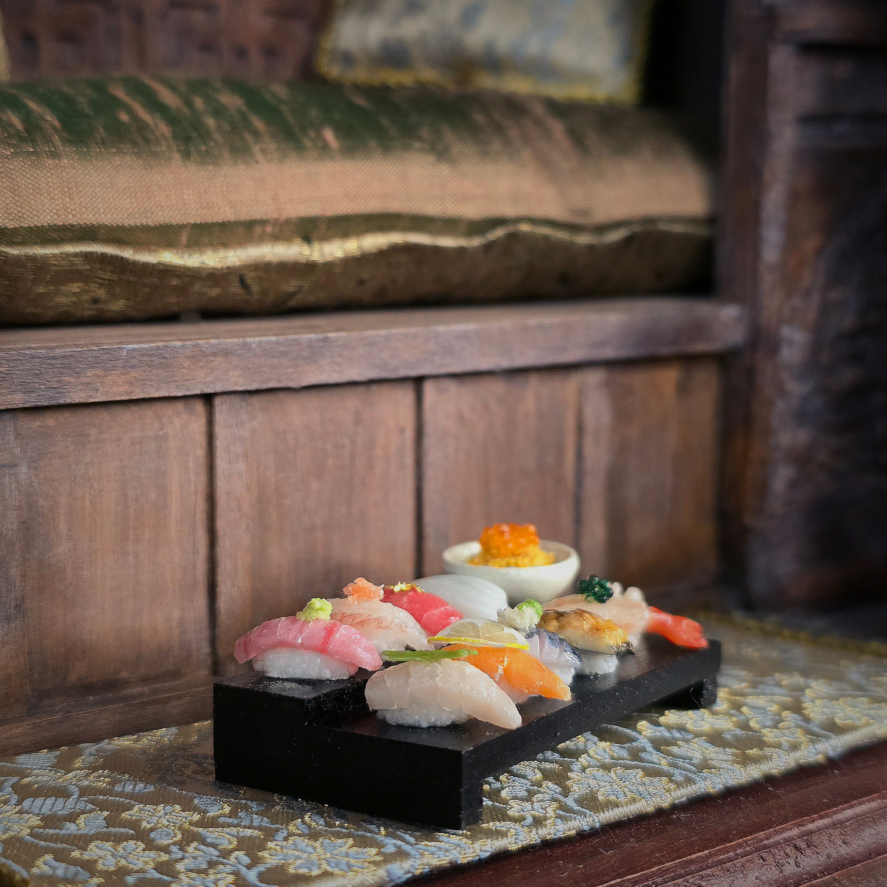 Miniature Artisan Nigiri Sushi Display With Chopsticks on Riser by Koruha Japan