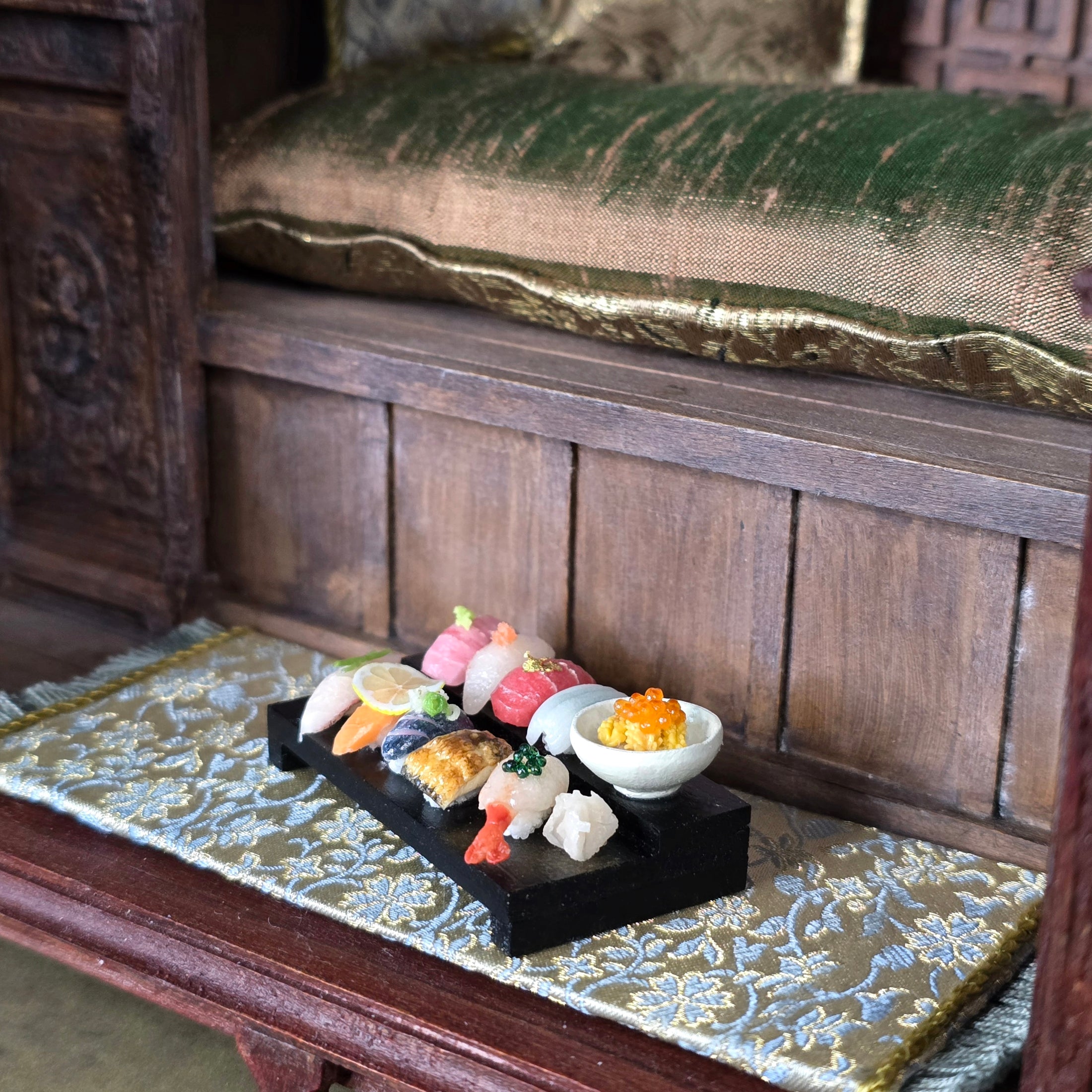 Miniature Artisan Nigiri Sushi Display With Chopsticks on Riser by Koruha Japan