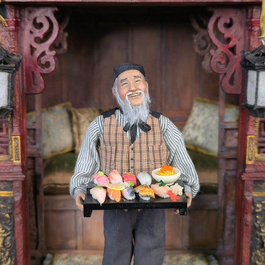 Miniature Artisan Nigiri Sushi Display With Chopsticks on Riser by Koruha Japan