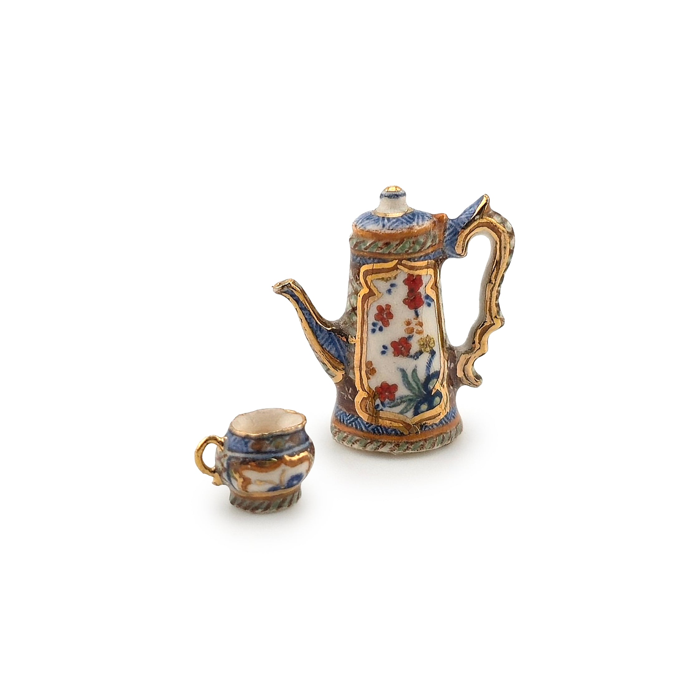 Teresa Welch OOAK Gilt Porcelain Miniature Hand Painted Coffee Pot & Cup Set 1992