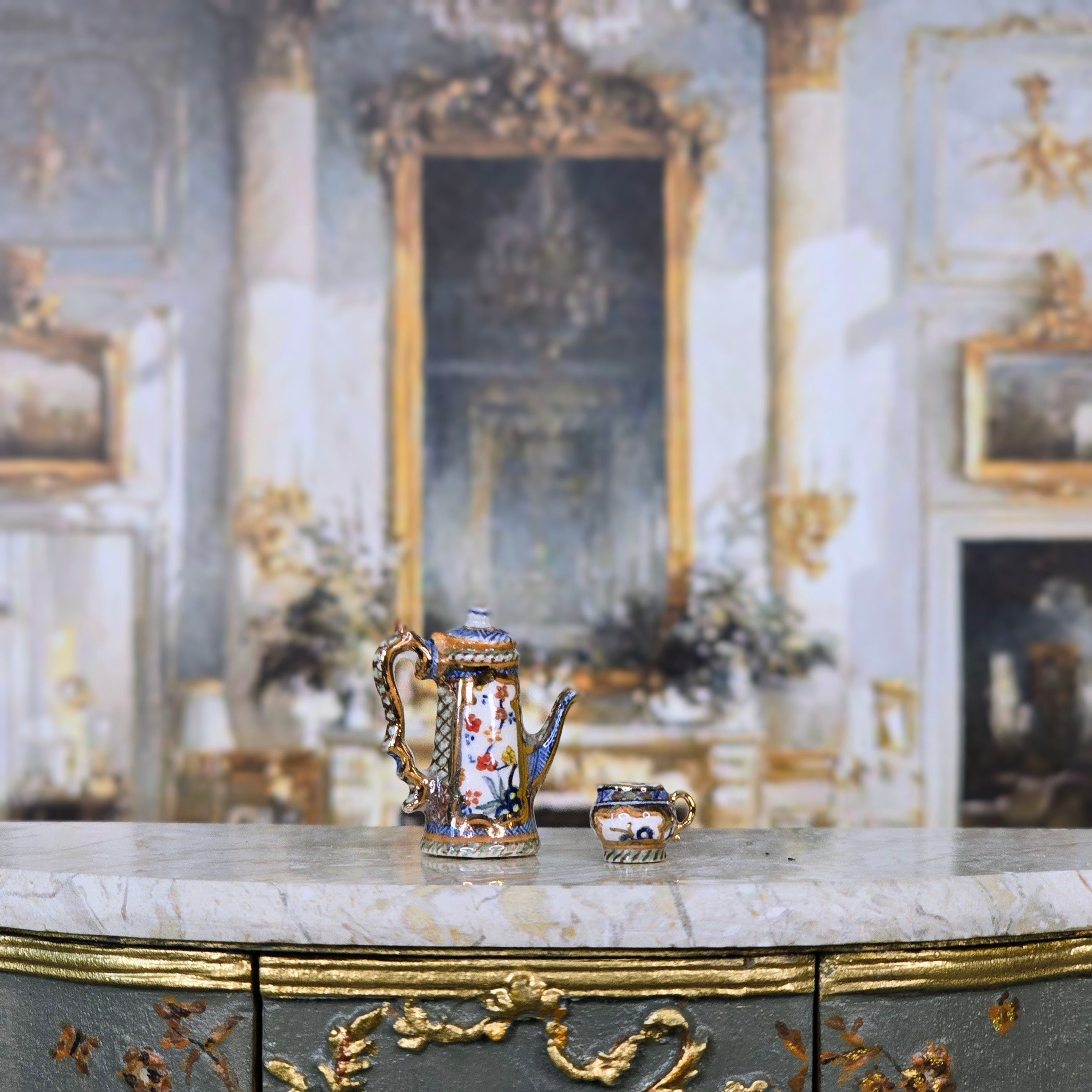 Teresa Welch OOAK Gilt Porcelain Miniature Hand Painted Coffee Pot & Cup Set 1992