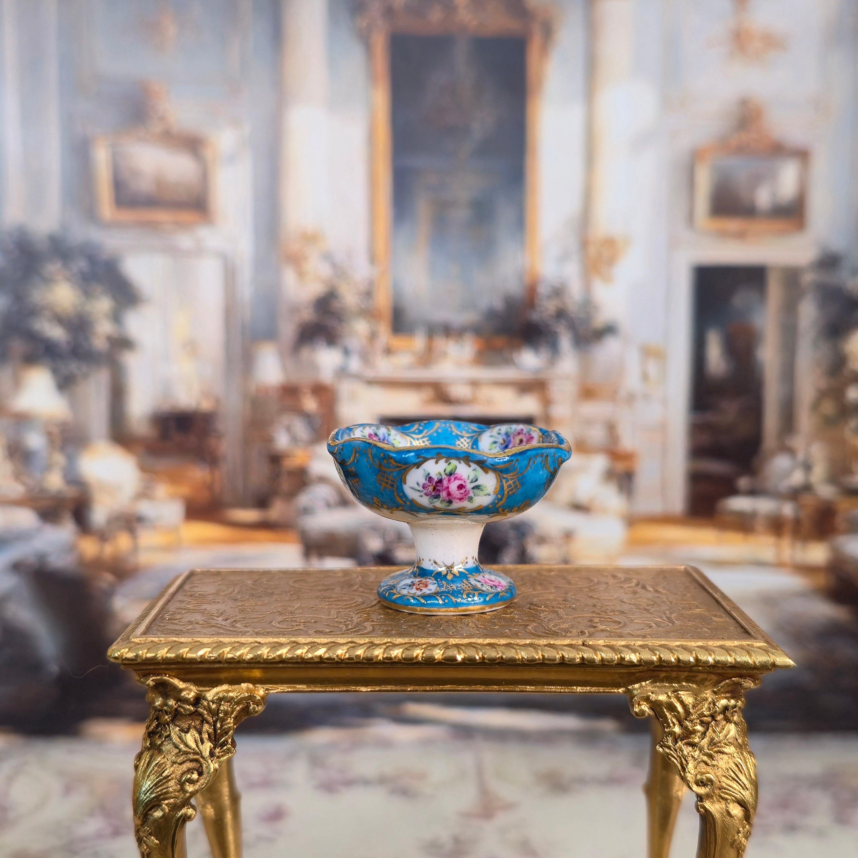 IGMA Miyuki Nagashima Hand Painted Sevres Style Gilt Turquoise Floral Compote