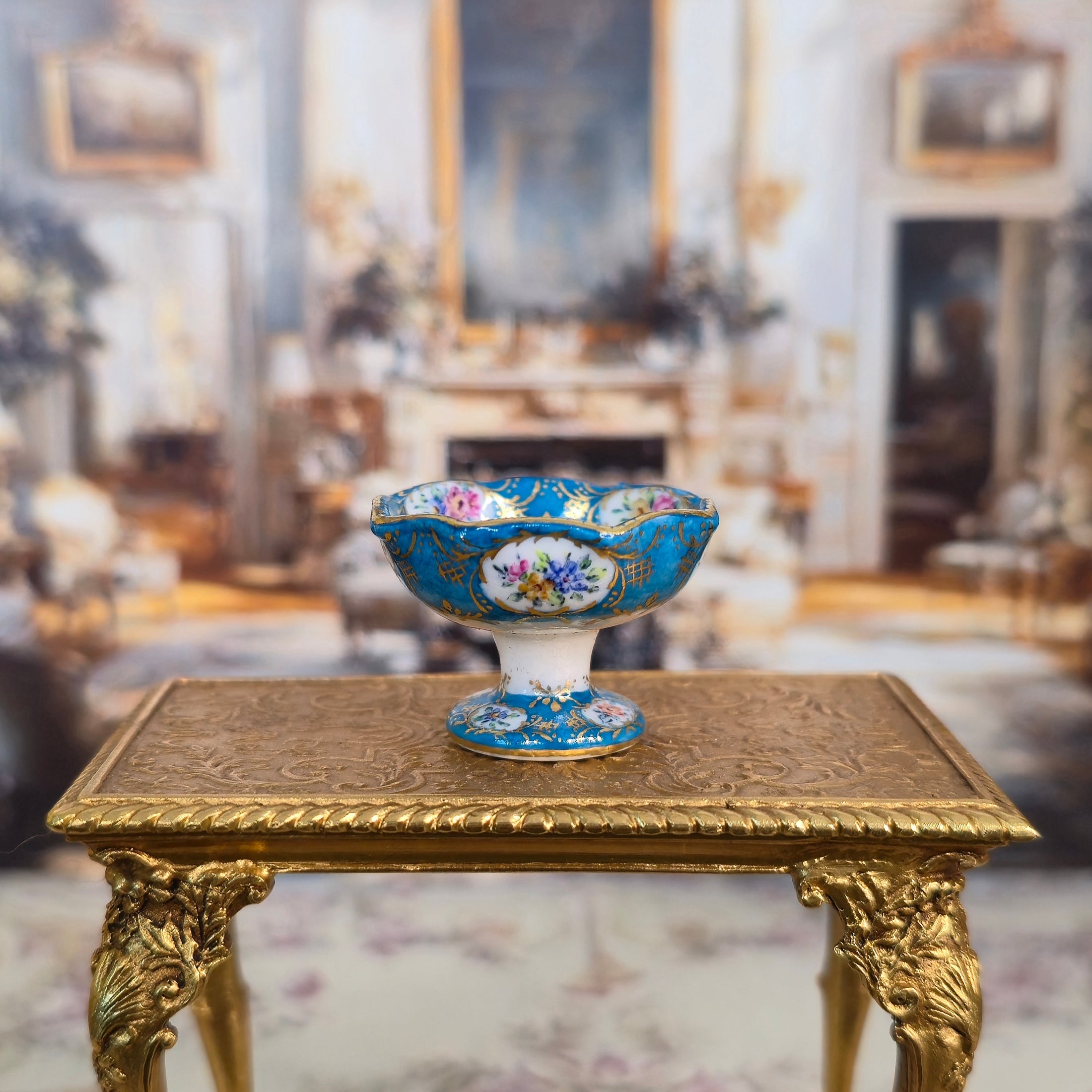 IGMA Miyuki Nagashima Hand Painted Sevres Style Gilt Turquoise Floral Compote