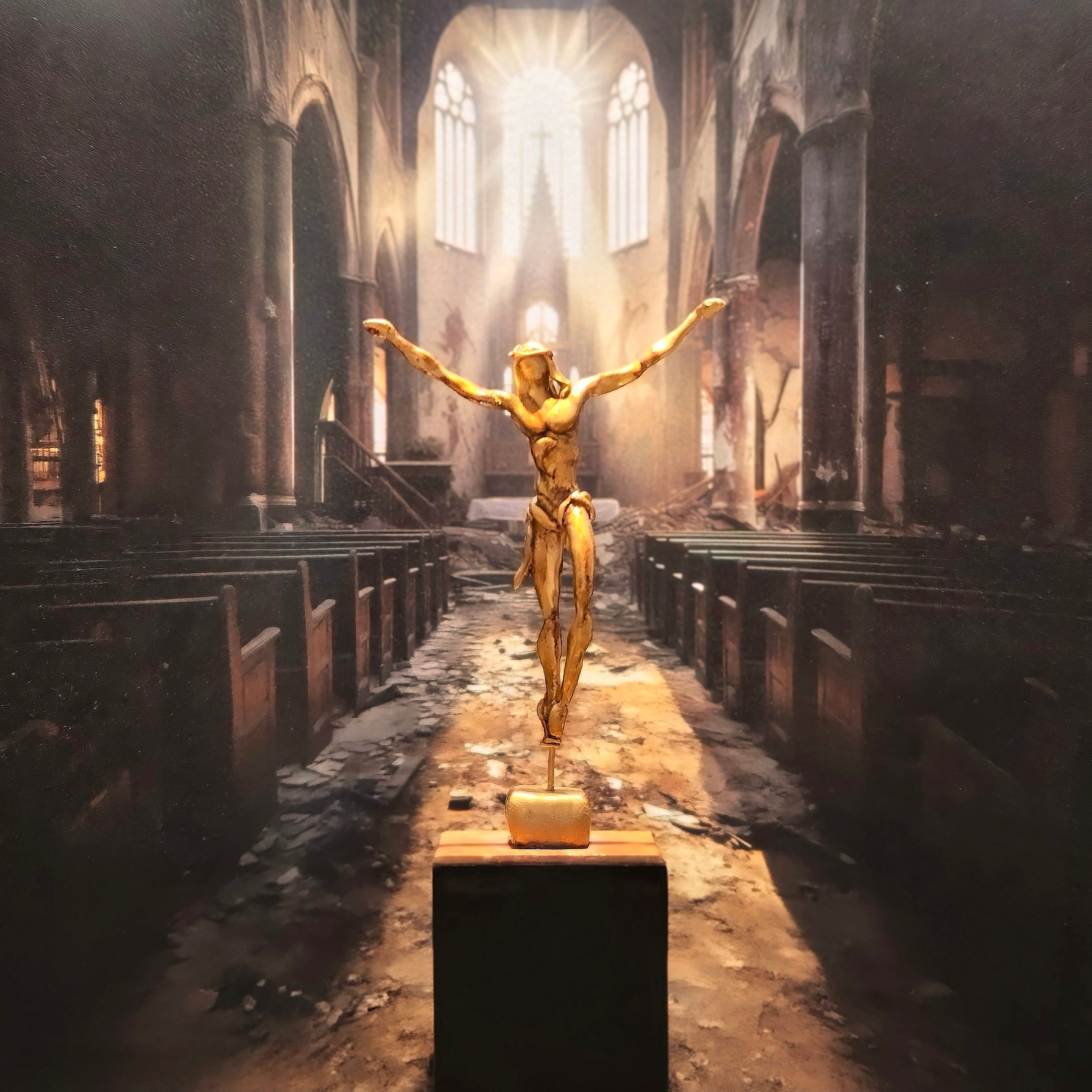 Salvador Dalí Inspired Christ Sculpture by Busto Gold Gilt Clay Figure on Wood Base