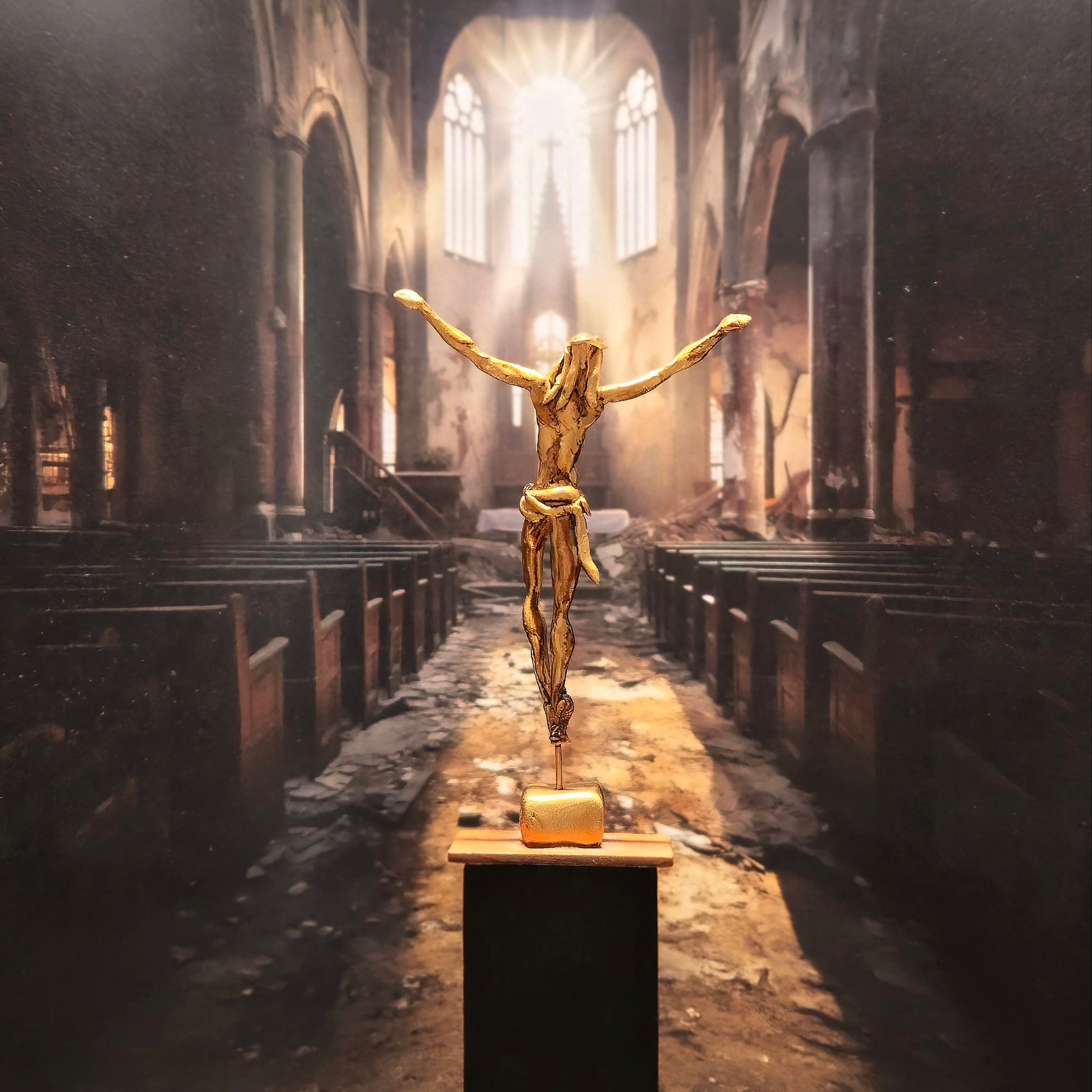 Salvador Dalí Inspired Christ Sculpture by Busto Gold Gilt Clay Figure on Wood Base