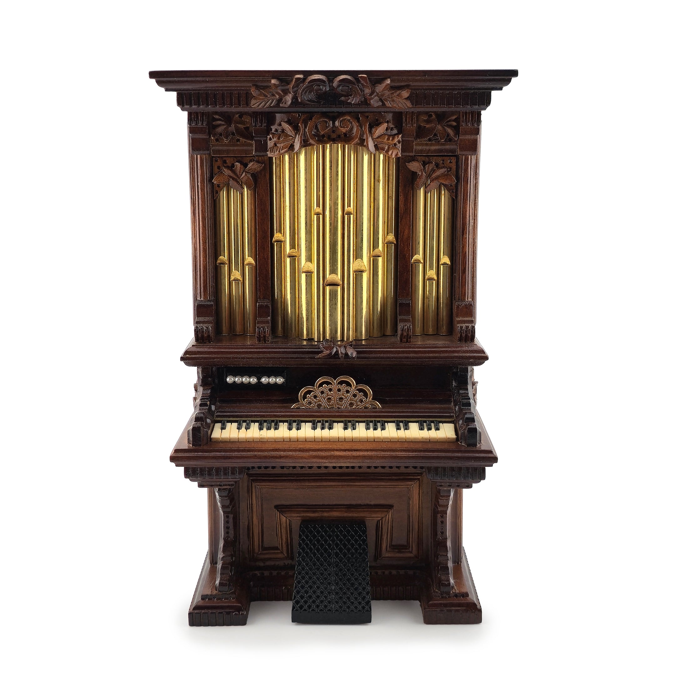 George Becker Rare Pipe Organ Walnut Carved Case, Brass Pipes, Bakelite Keys