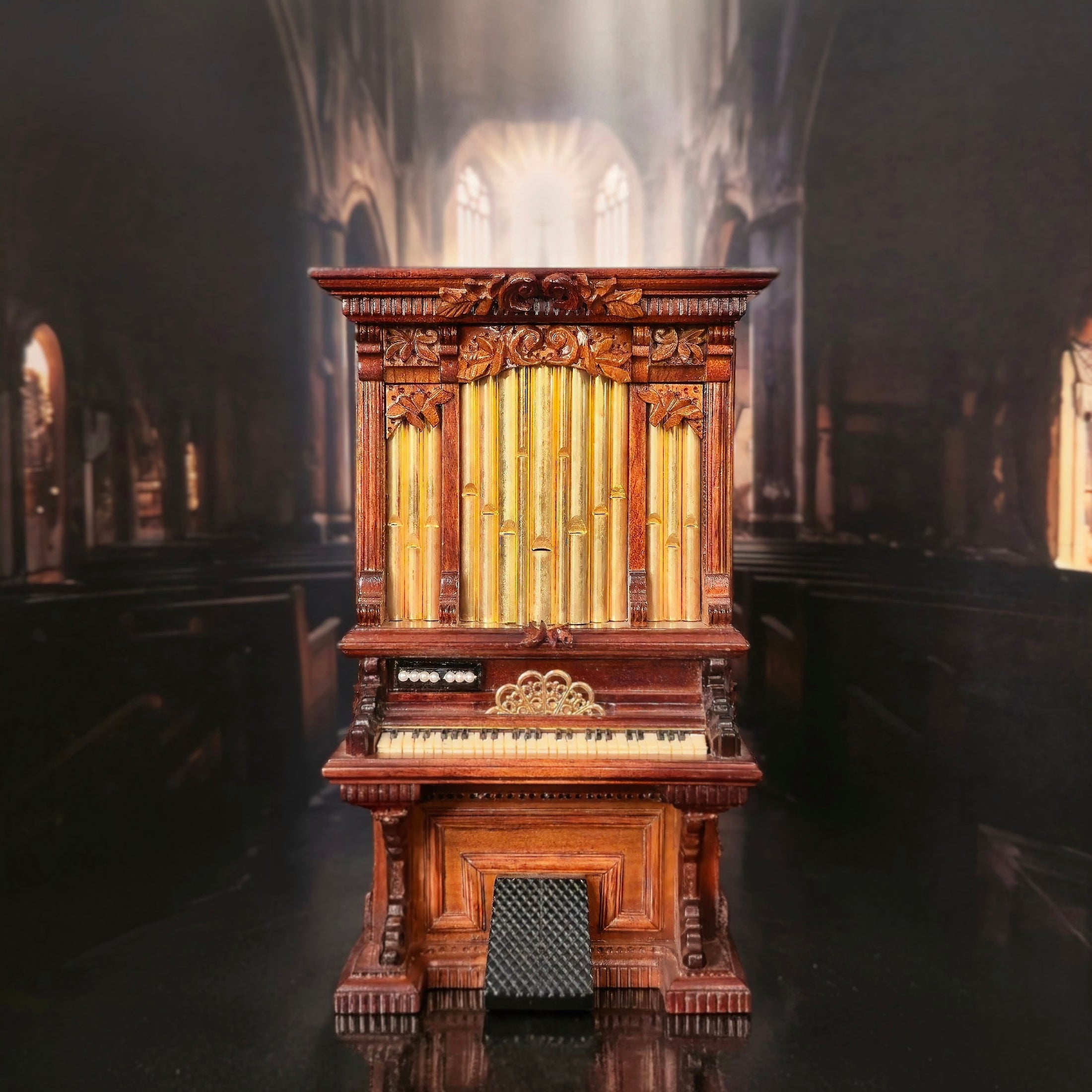 George Becker Rare Pipe Organ Walnut Carved Case, Brass Pipes, Bakelite Keys