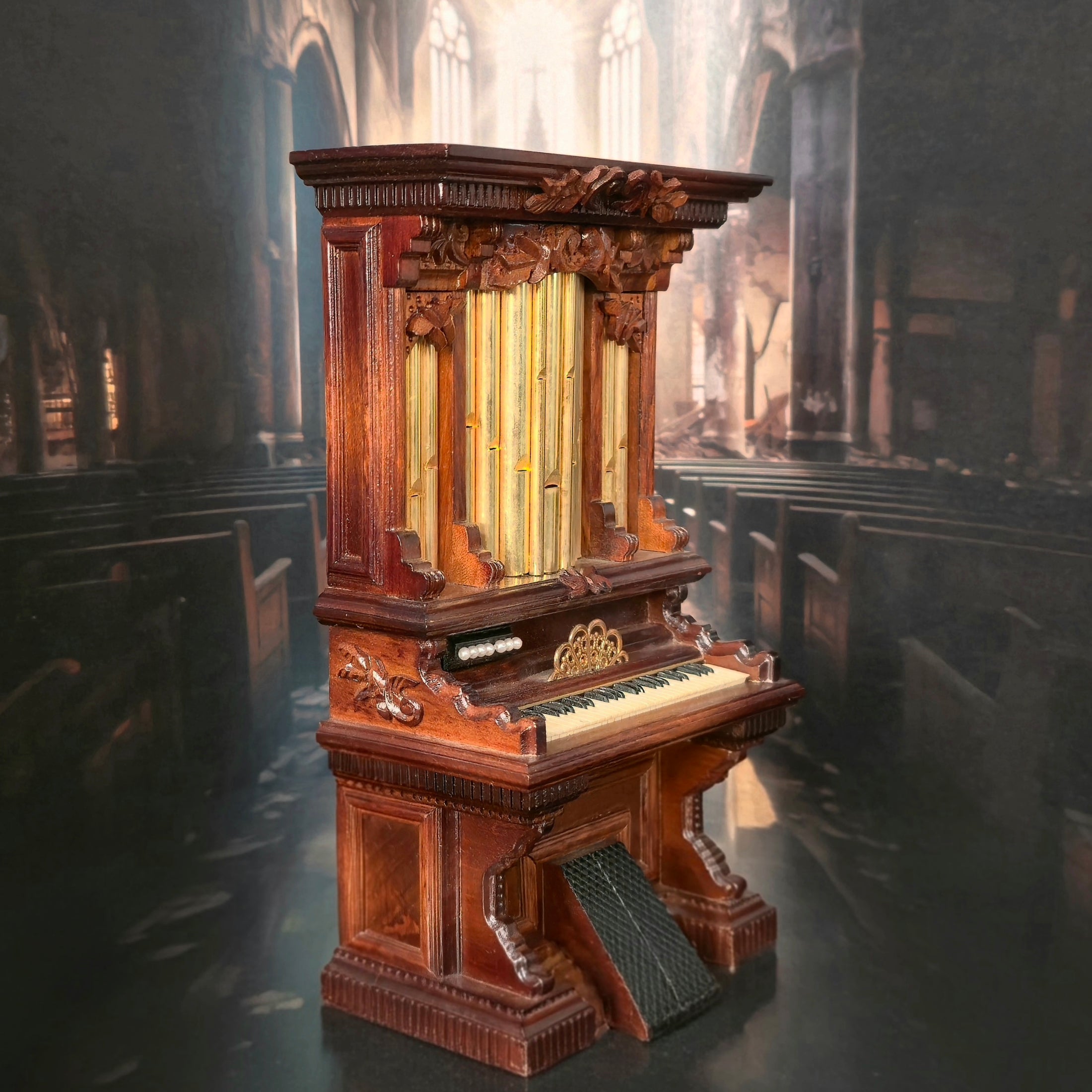 George Becker Rare Pipe Organ Walnut Carved Case, Brass Pipes, Bakelite Keys
