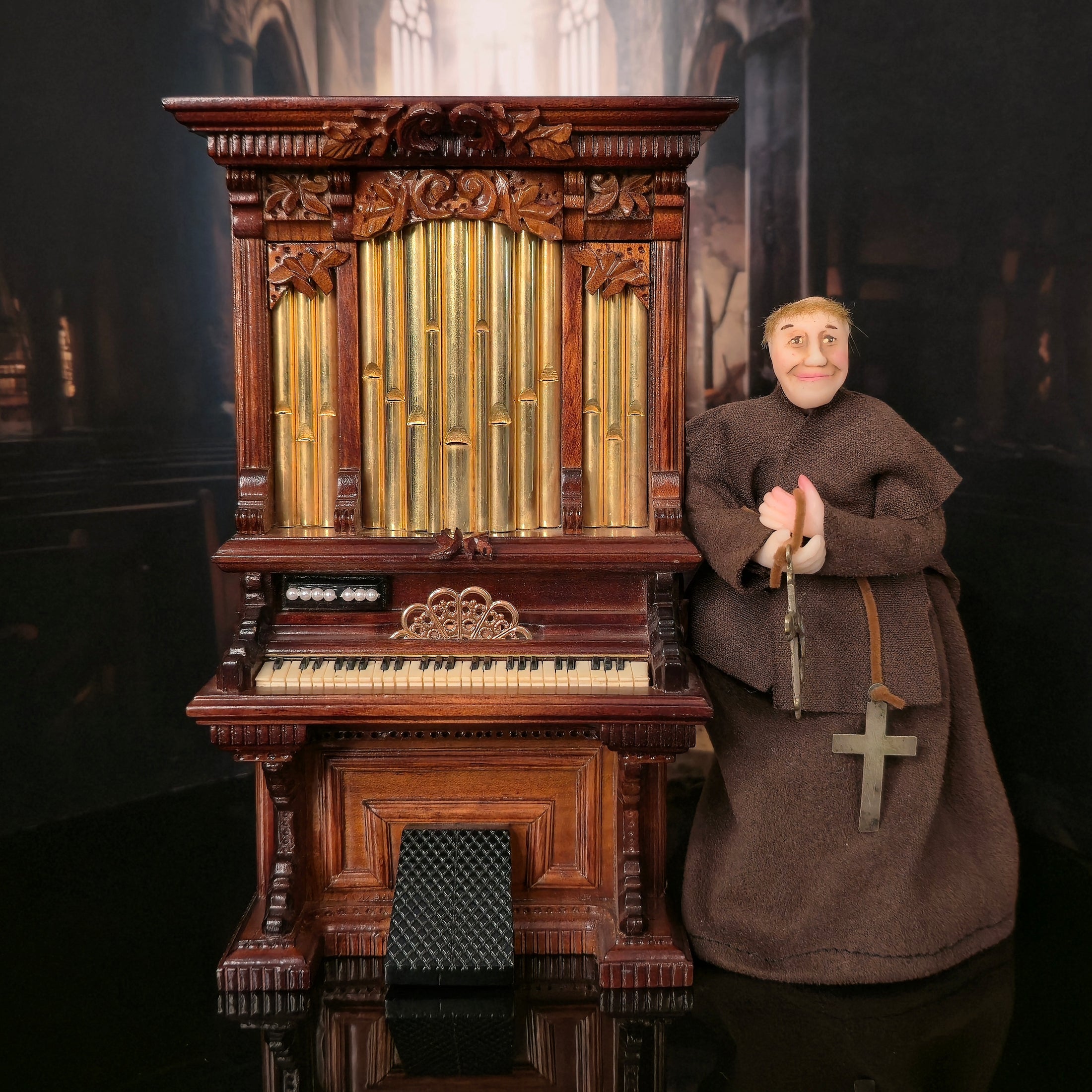 George Becker Rare Pipe Organ Walnut Carved Case, Brass Pipes, Bakelite Keys