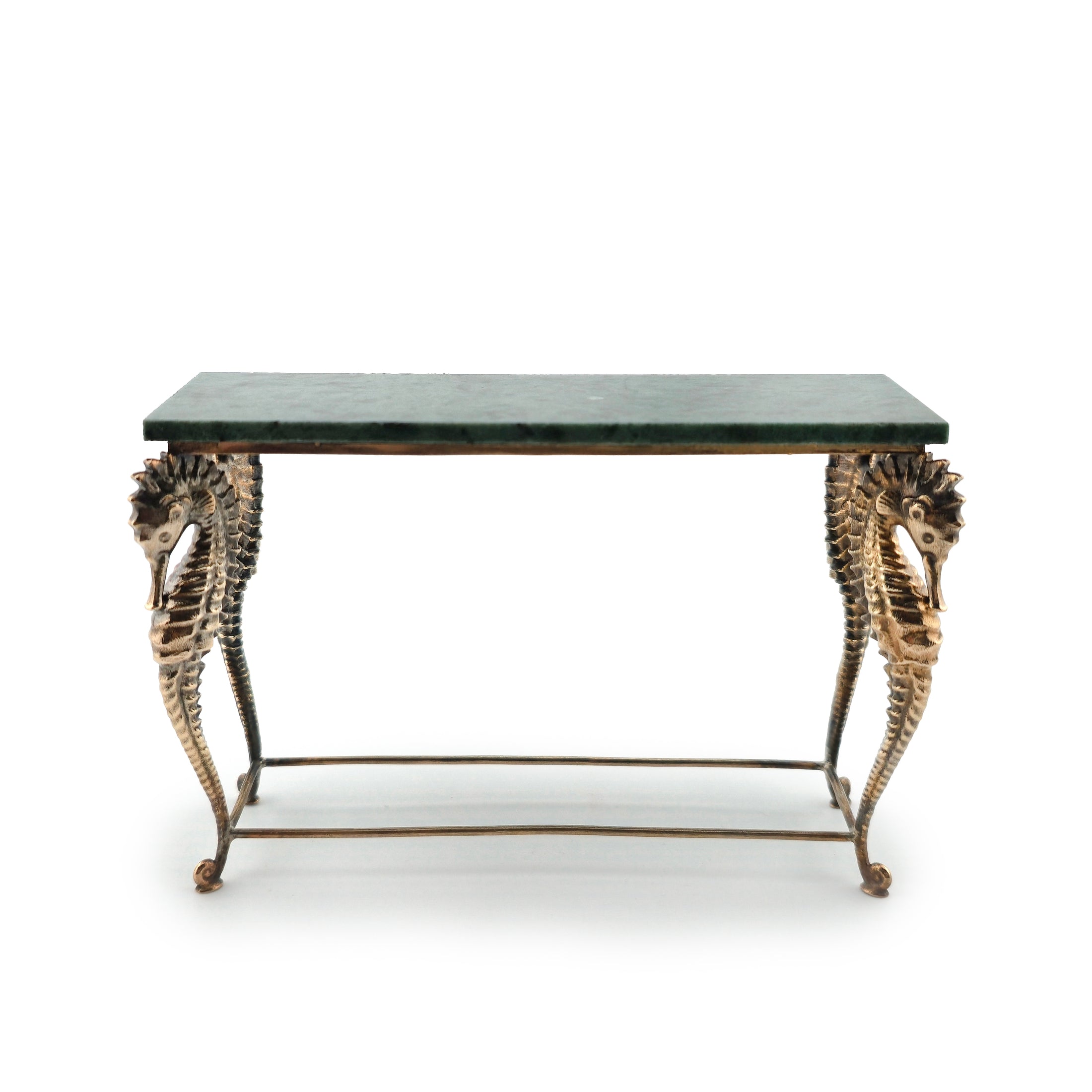 Fatima Dona Seahorse Console Table Sculpted Bronze w Green Marble Top OOAK