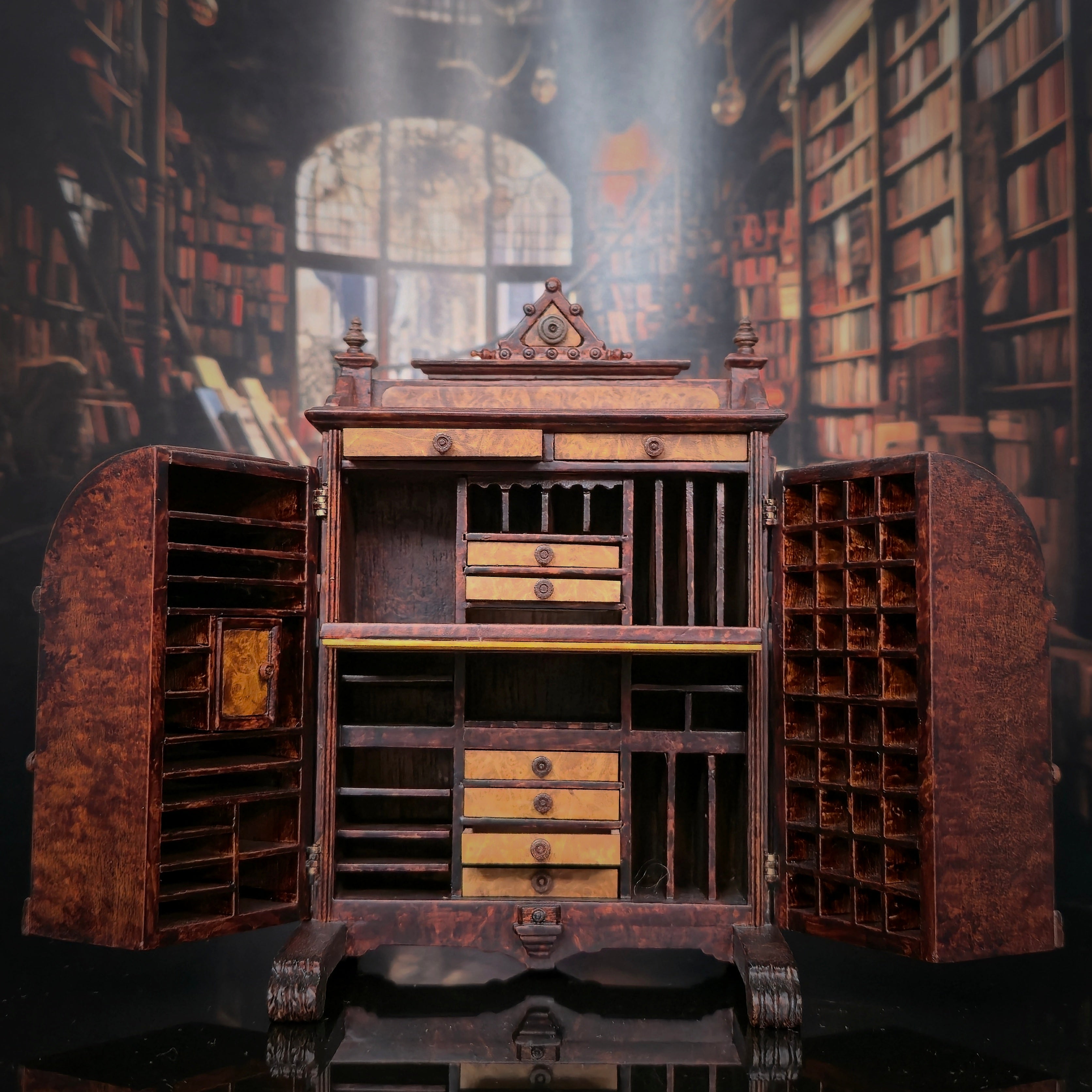 RESERVED FOR RICK: Vintage Gilbert Mena Burlwood Wooten Desk Artisan Miniature Secretary Cabinet