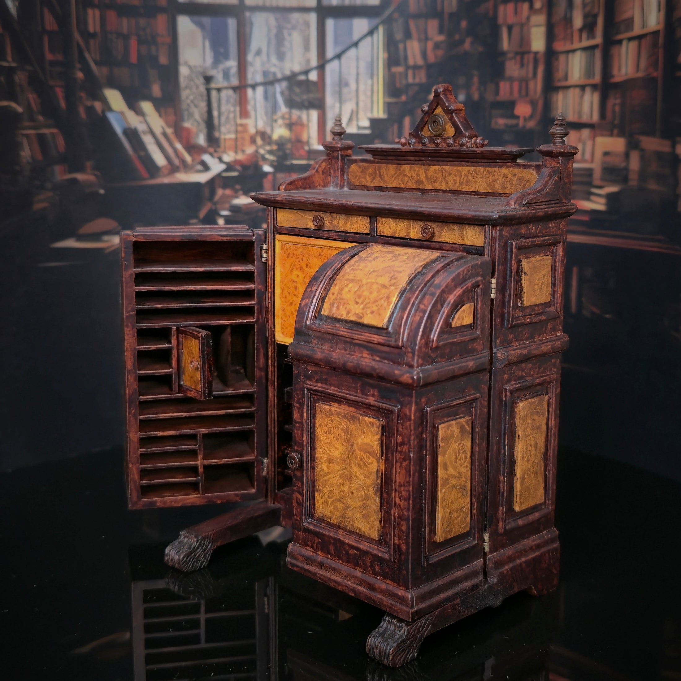 RESERVED FOR RICK: Vintage Gilbert Mena Burlwood Wooten Desk Artisan Miniature Secretary Cabinet