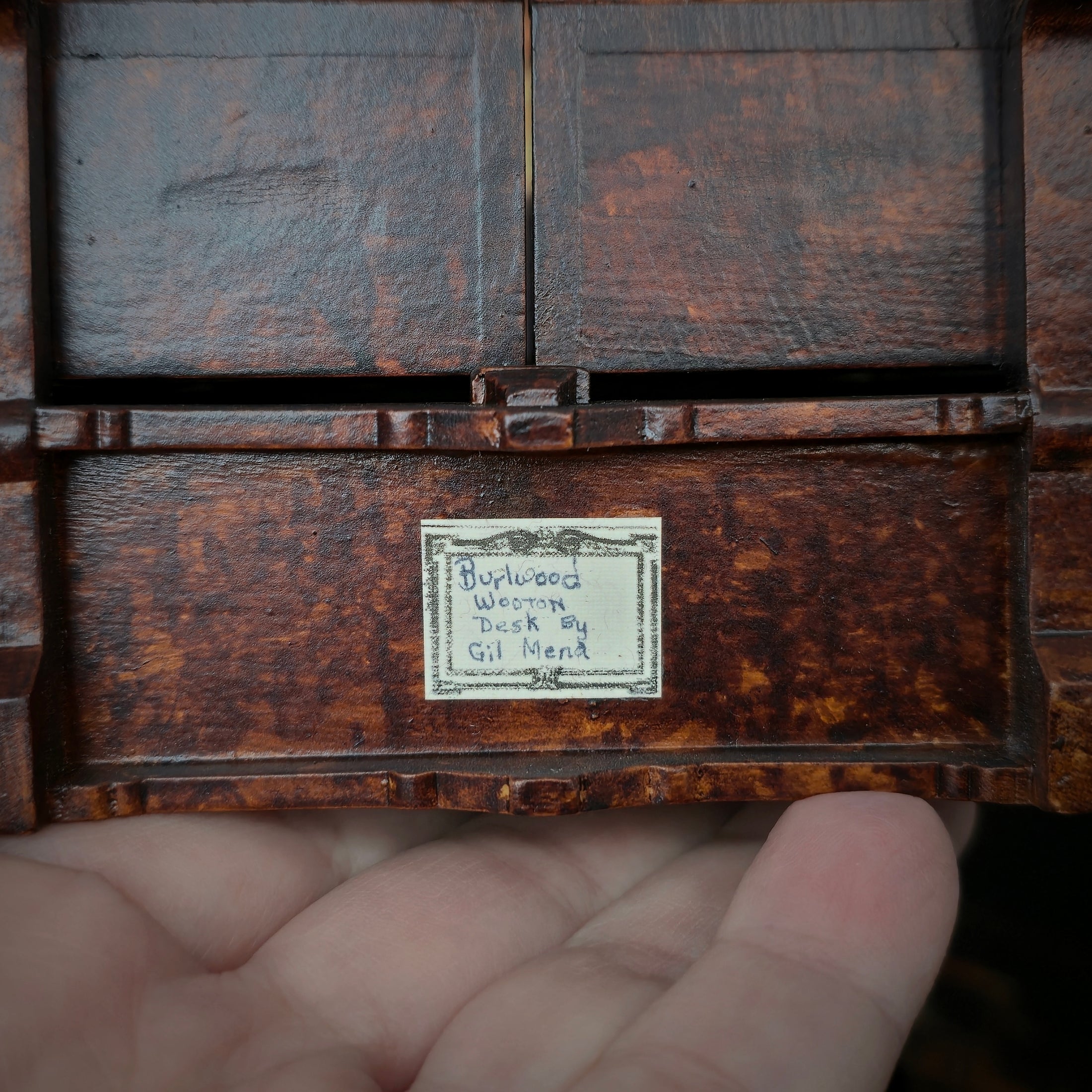 RESERVED FOR RICK: Vintage Gilbert Mena Burlwood Wooten Desk Artisan Miniature Secretary Cabinet