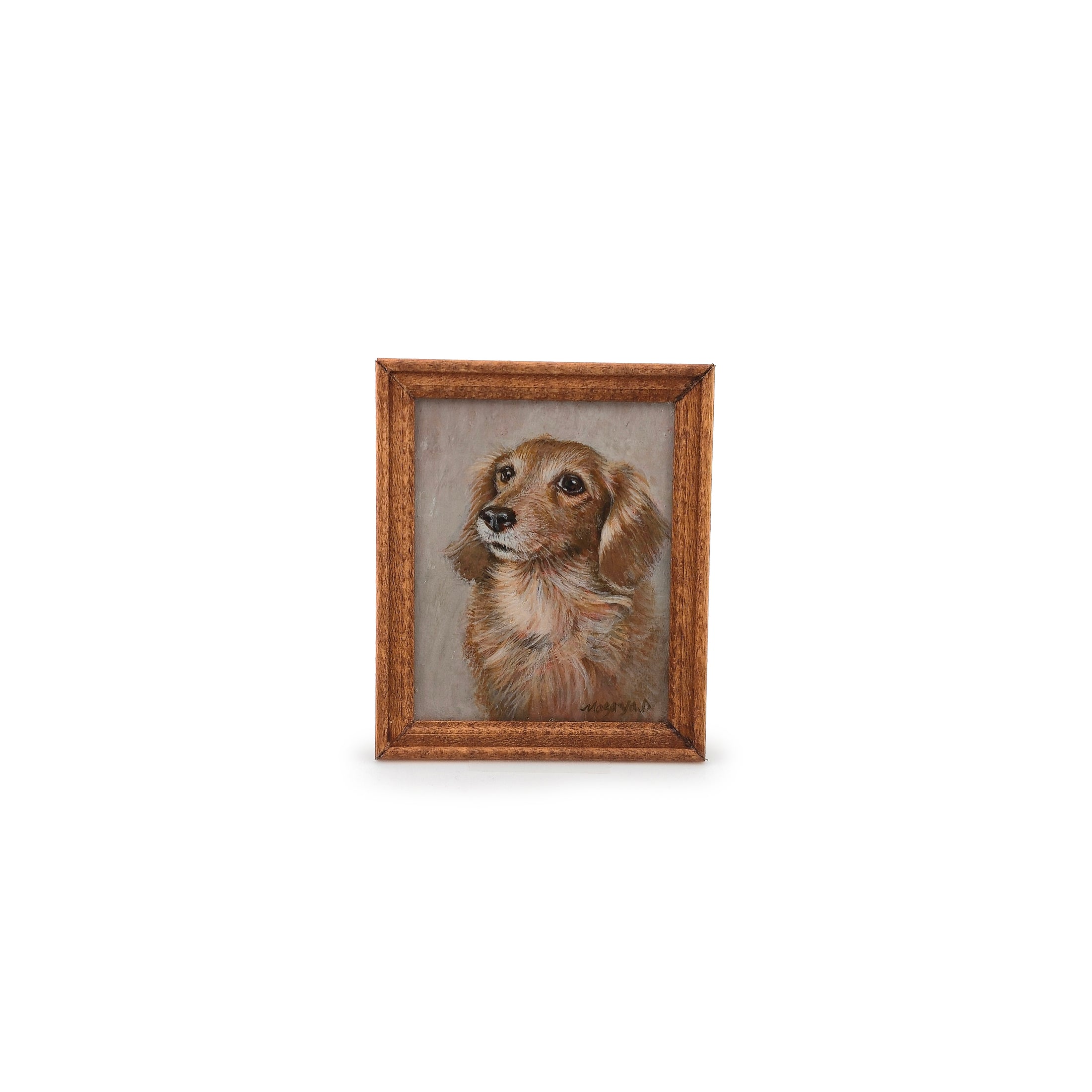 Masaya Okada Long-Haired Dachshund Framed Oil Painting Pet Portrait Hand Signed